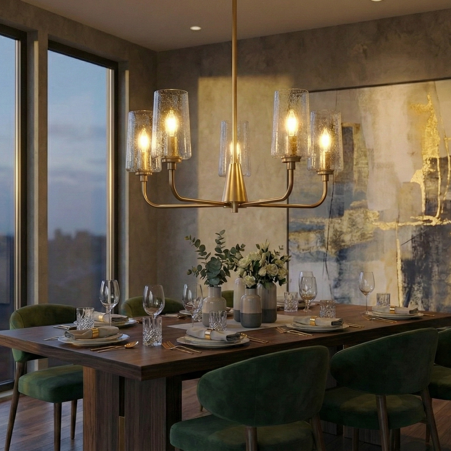 Dazzle Five Lights Chandelier | Satin Brass and Clear Seeded Glass
