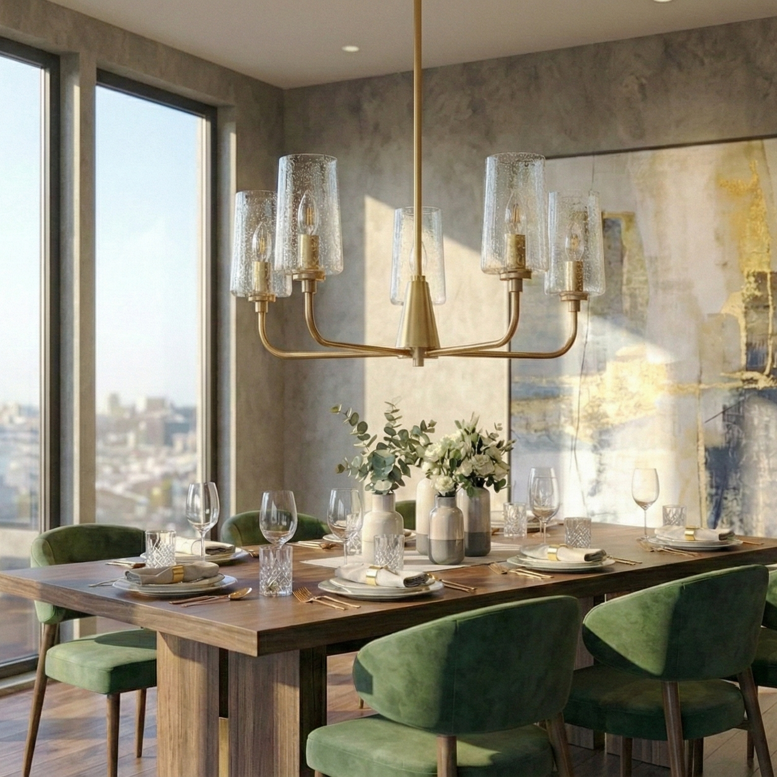 Dazzle Five Lights Chandelier | Satin Brass and Clear Seeded Glass