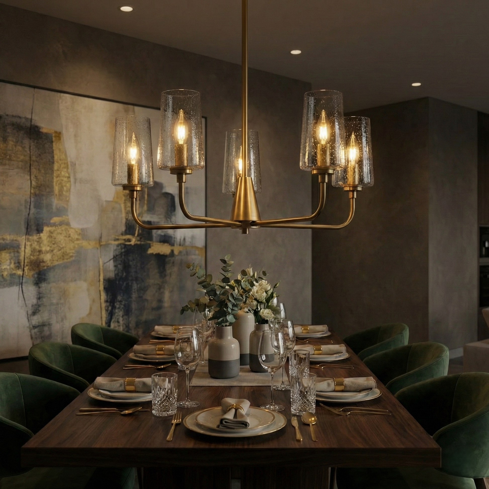 Dazzle Five Lights Chandelier | Satin Brass and Clear Seeded Glass