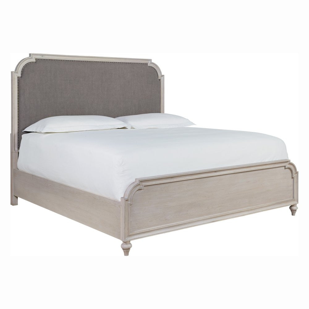 Belgian Cottage Carved Upholstered King Panel Bed, Antiqued white