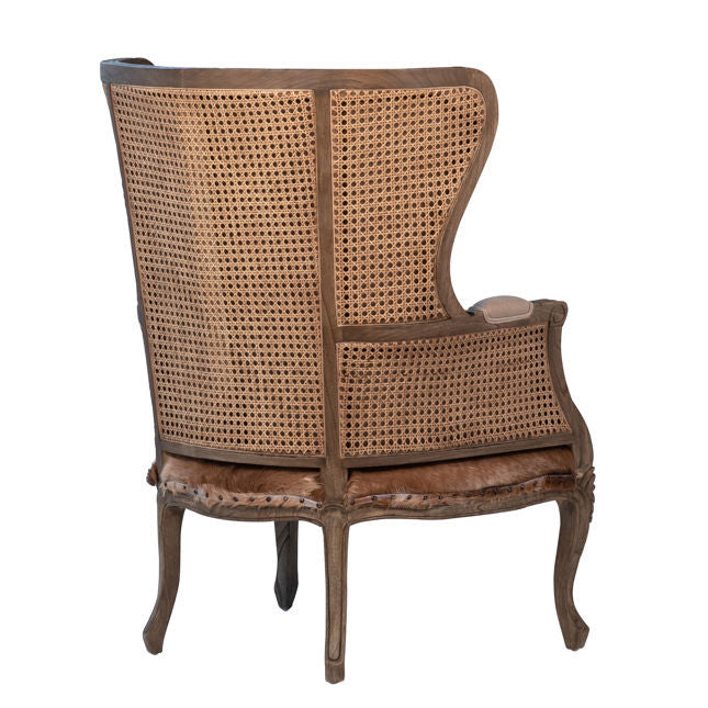 Baroque Woven Cane and Goat Hide Wingback Chair