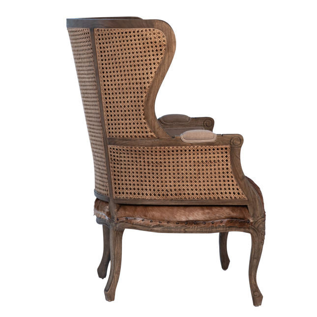 Baroque Woven Cane and Goat Hide Wingback Chair