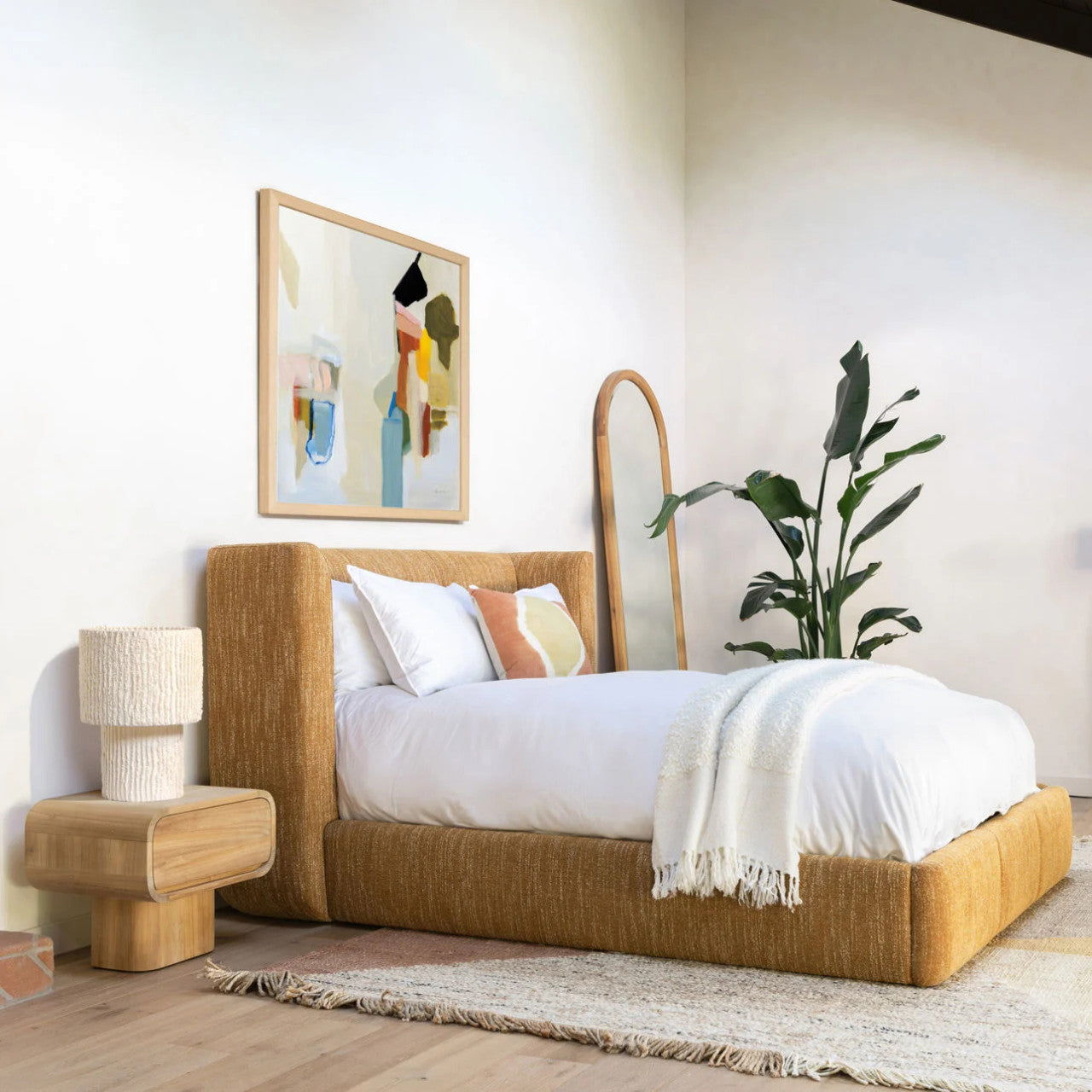 Jacobs Mustard Boucle Upholstered Queen Platform Bed