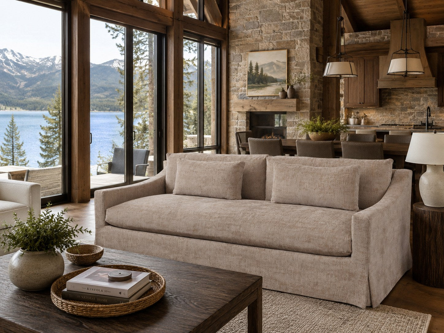 Dunne 96″ Slipcovered Sofa in Churchill Driftwood lifestyle image - Mountain Lake Lodge