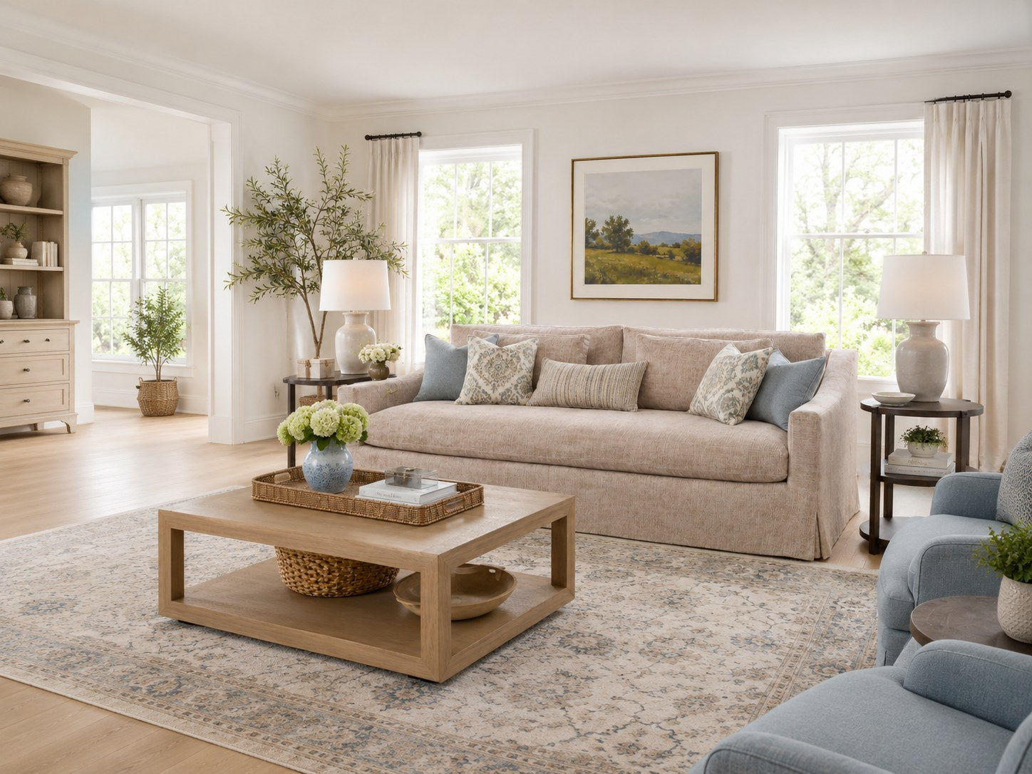 Dunne 96″ Slipcovered Sofa in Churchill Driftwood lifestyle image - Churchill Transitional Traditional