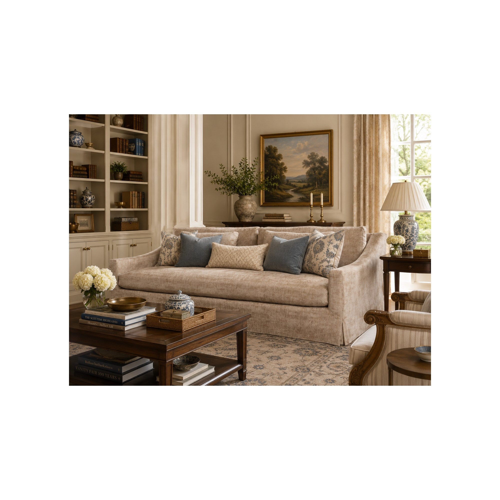Dunne 96″ Slipcovered Sofa in Churchill Driftwood by Spectra Home Furniture - lifestyle room image