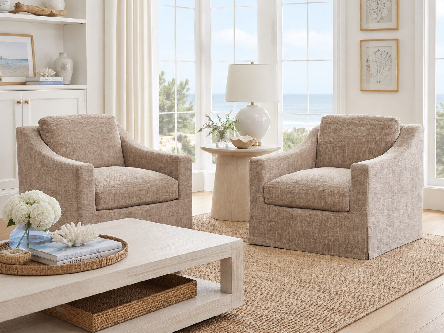 Dunne Slipcovered Swivel Chair in Churchill Driftwood lifestyle image - Churchill Coastal California