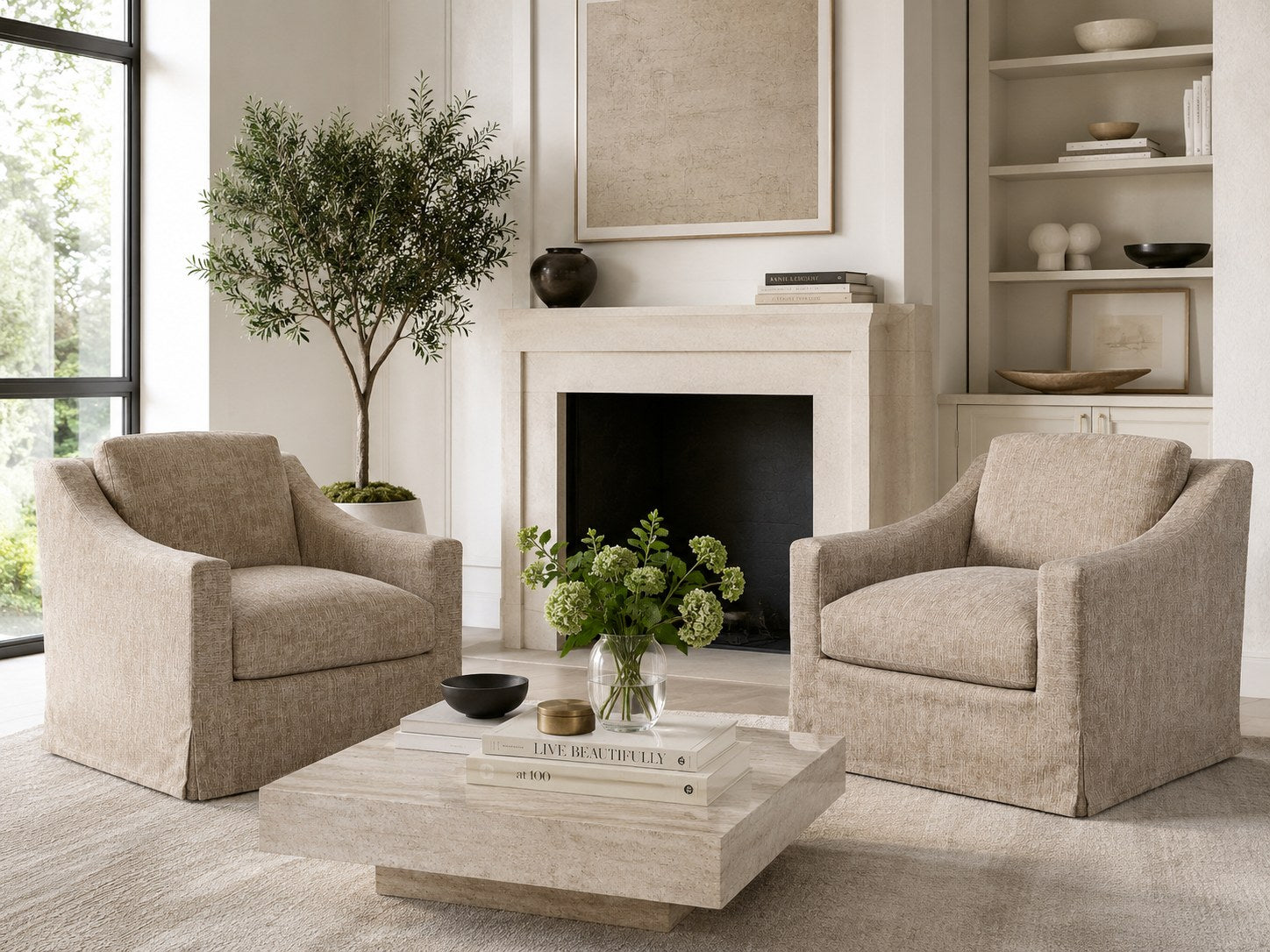 Dunne Slipcovered Swivel Chair in Churchill Driftwood lifestyle image - Contemporary Transitional Califonia
