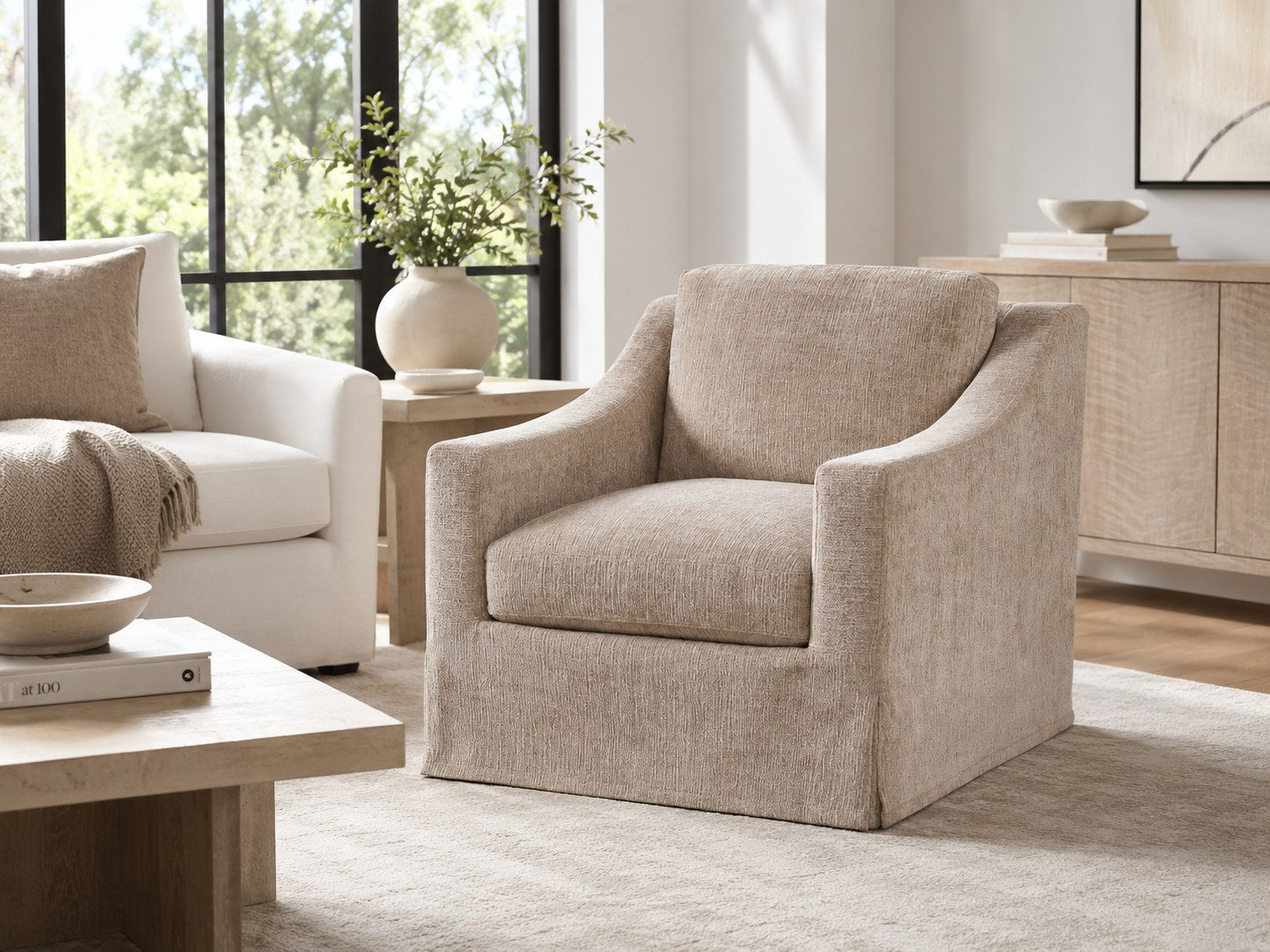Dunne Slipcovered Swivel Chair in Churchill Driftwood lifestyle image - Churchill Contemporary Transitional