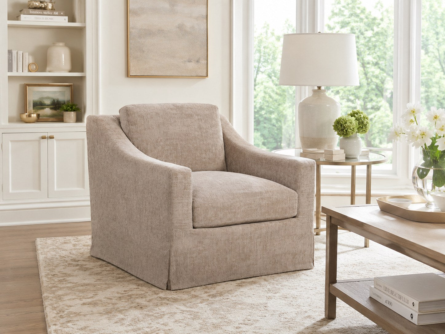 Dunne Slipcovered Swivel Chair in Churchill Driftwood lifestyle image - Churchill Transitional Traditional