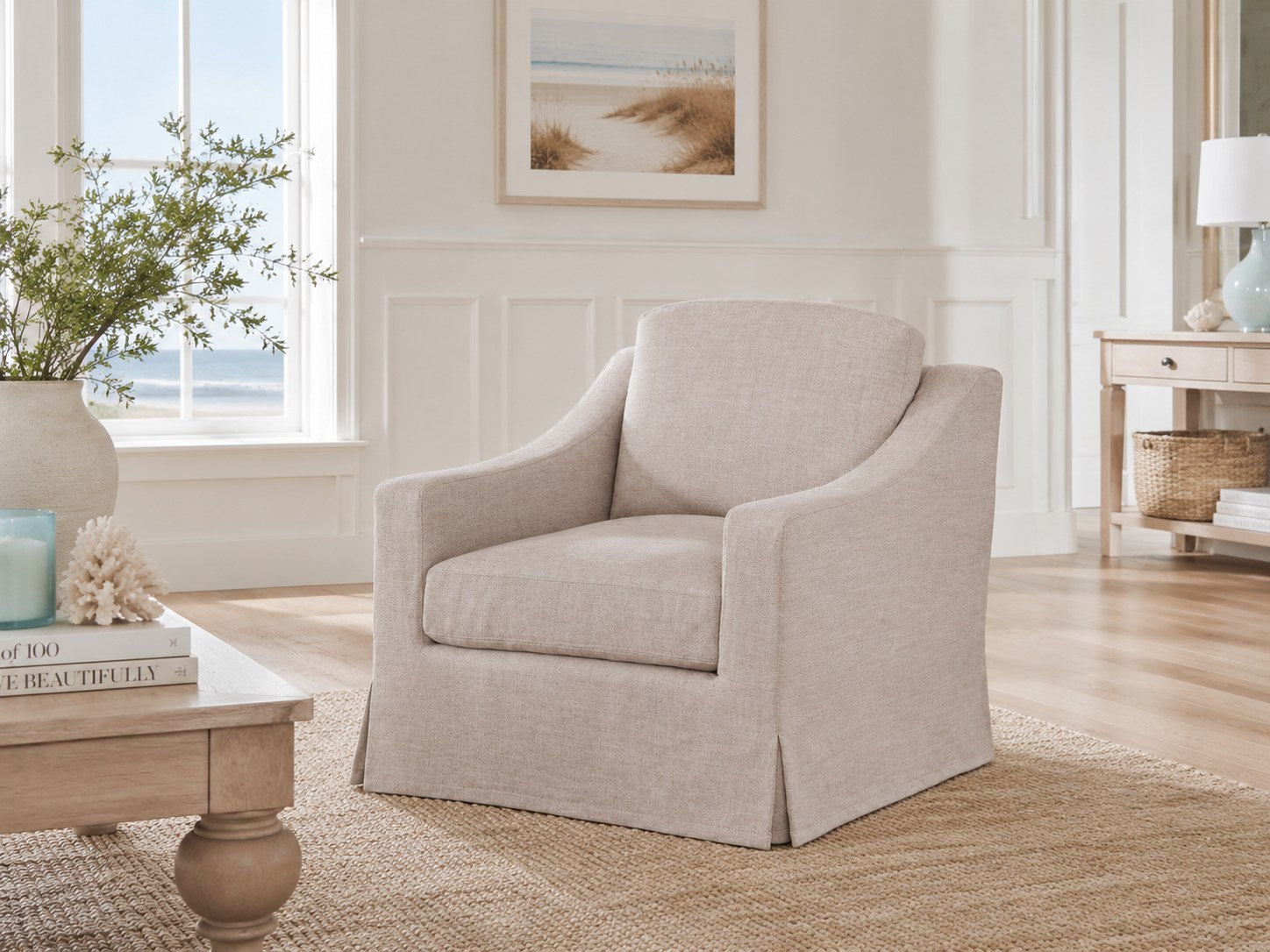 Dunne Slipcovered Swivel Chair in Focus Rice Ash (Performance Fabric) lifestyle image - Ash Coastal Transitional