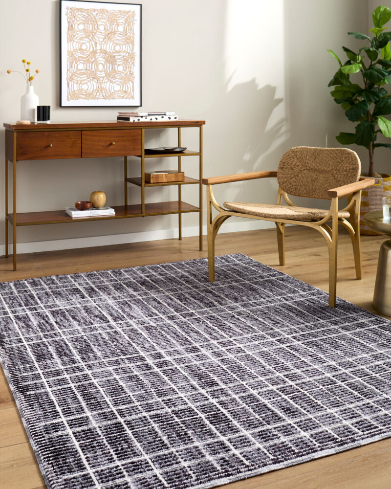Odeon Black/Cream Machine Woven Rug - roomscene