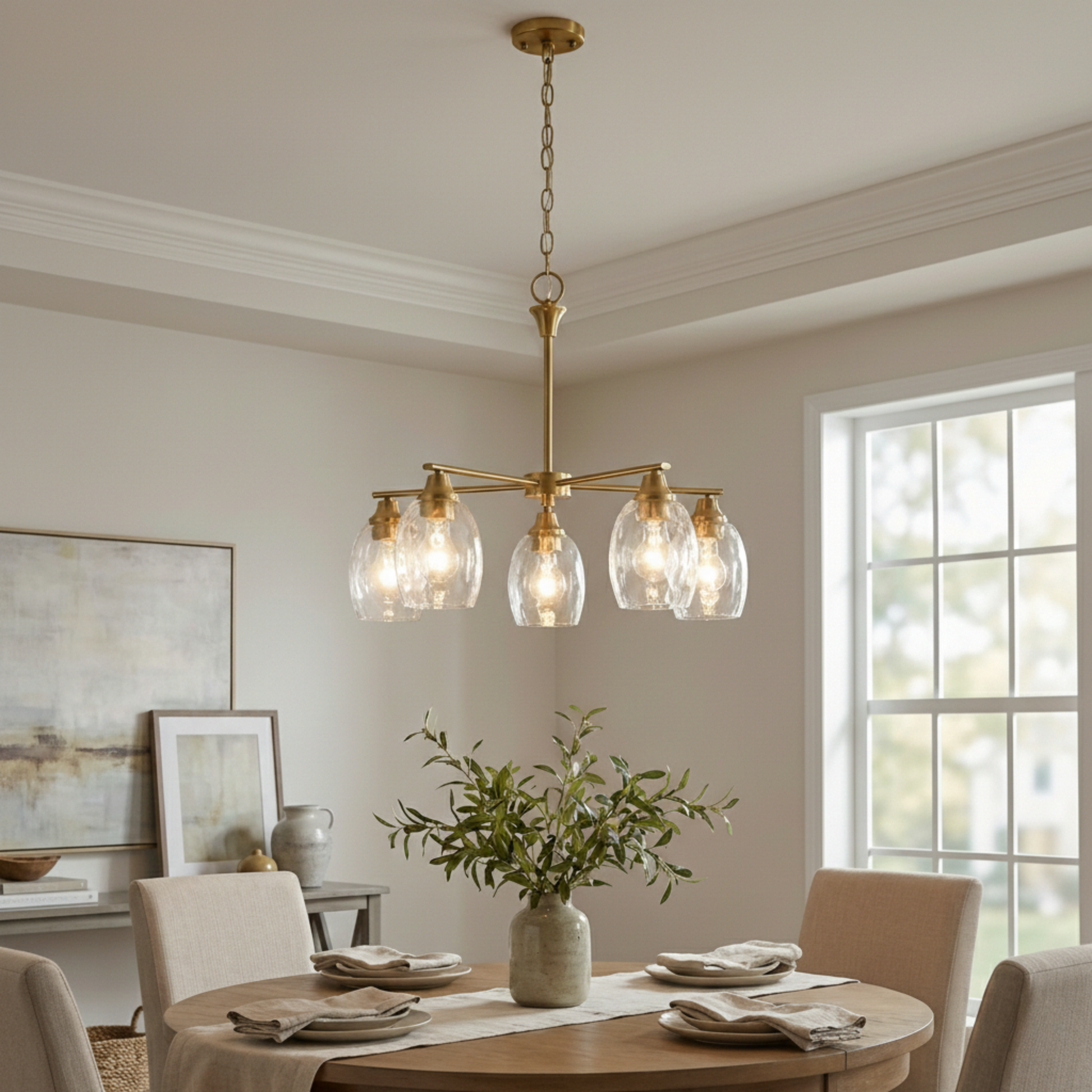 Elegance Chandelier | Golden Brass Finish and Water Glass Shades