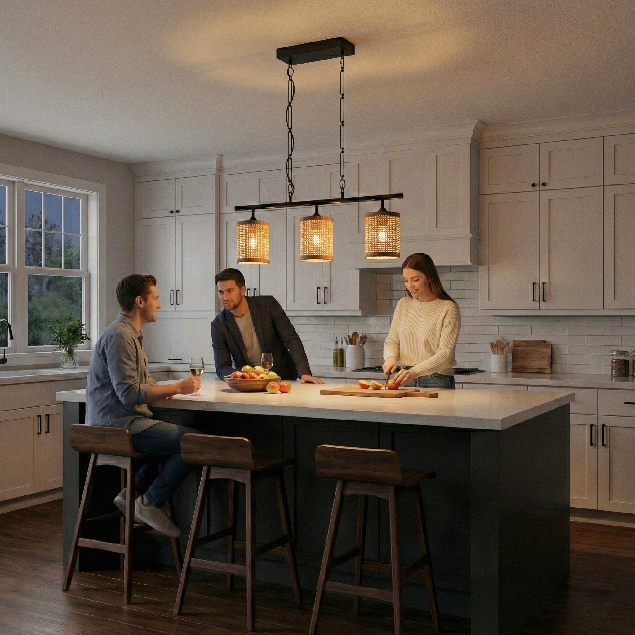 Elysian Three Lights Island Lamp | Natural Rattan and Farmhouse Chain