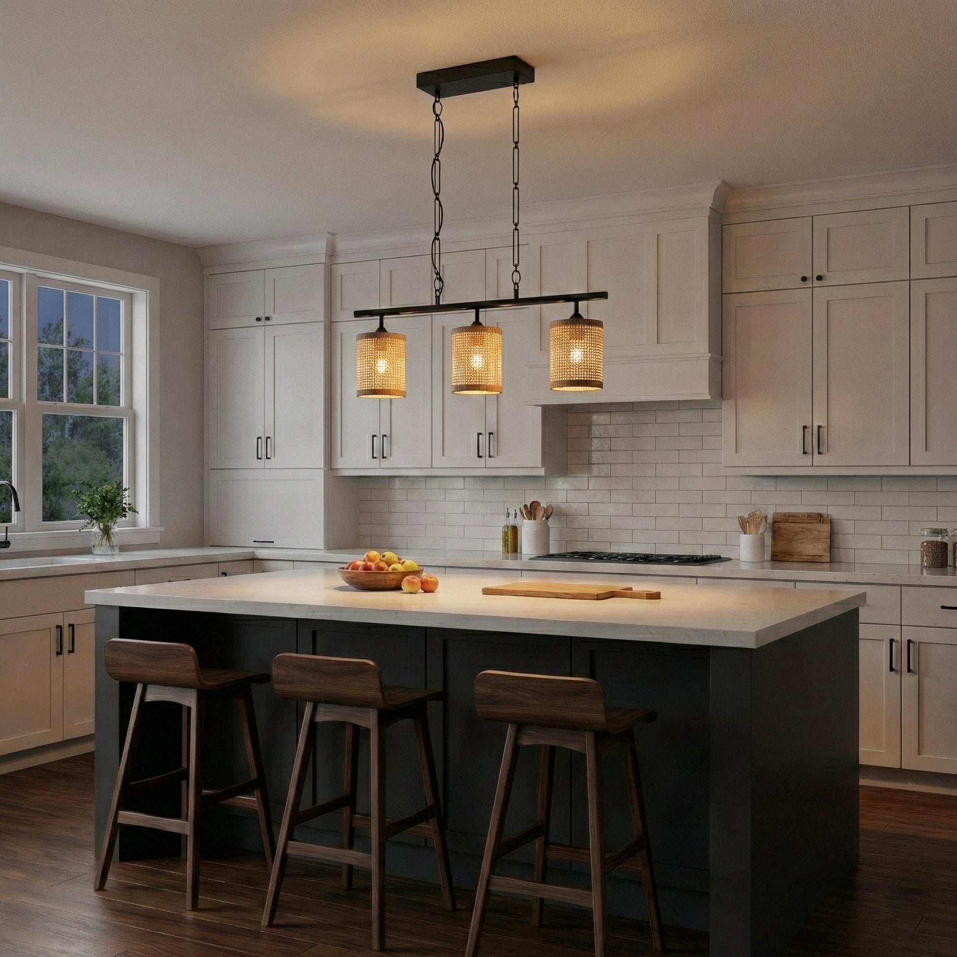 Elysian Three Lights Island Lamp | Natural Rattan and Farmhouse Chain