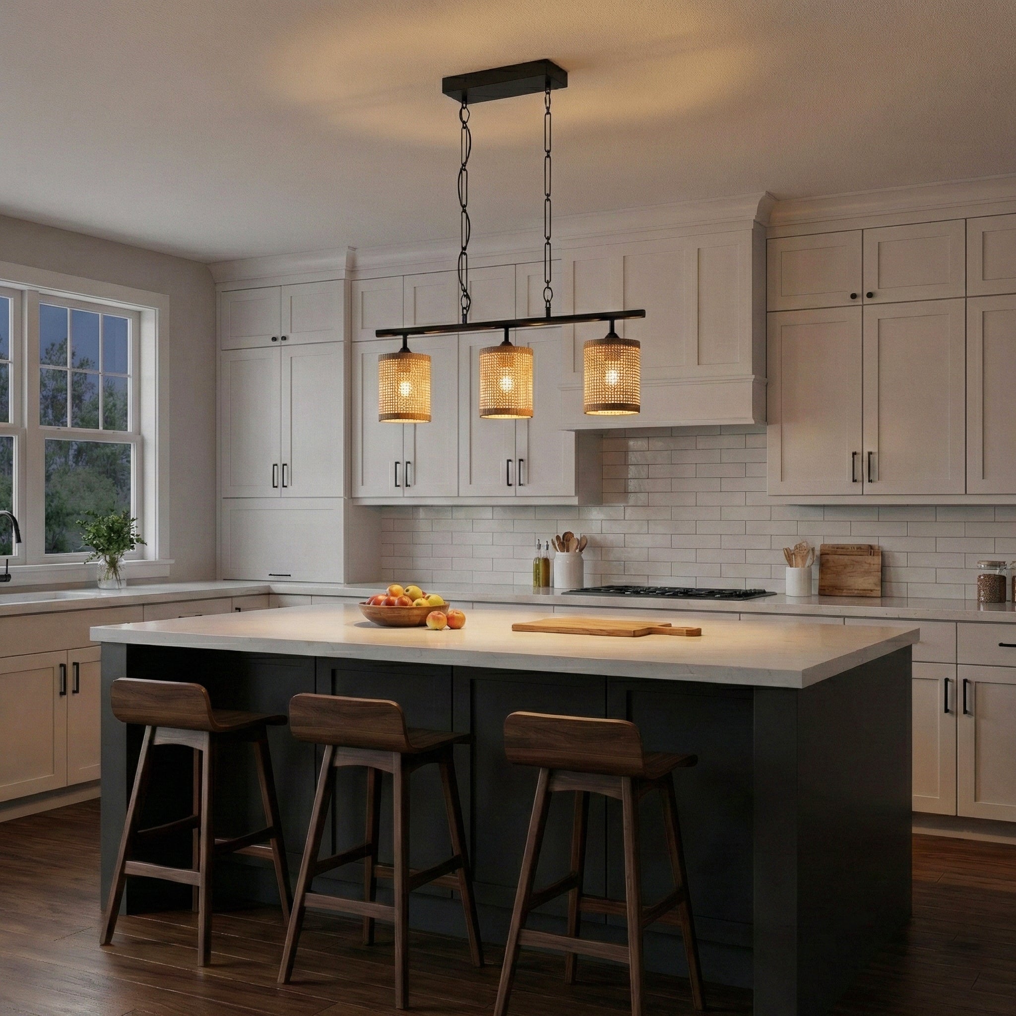 Elysian Three Lights Island Lamp | Natural Rattan and Farmhouse Chain