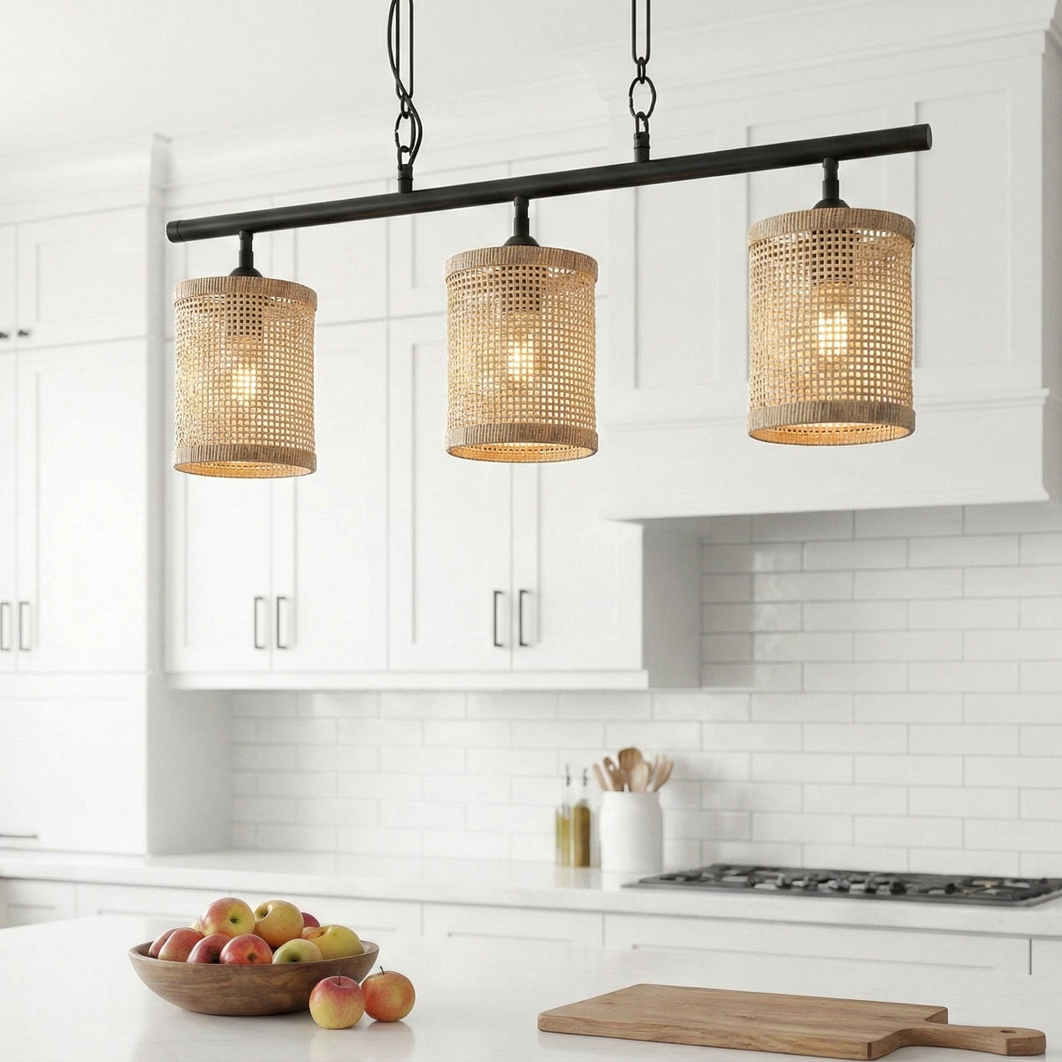 Elysian Three Lights Island Lamp | Natural Rattan and Farmhouse Chain