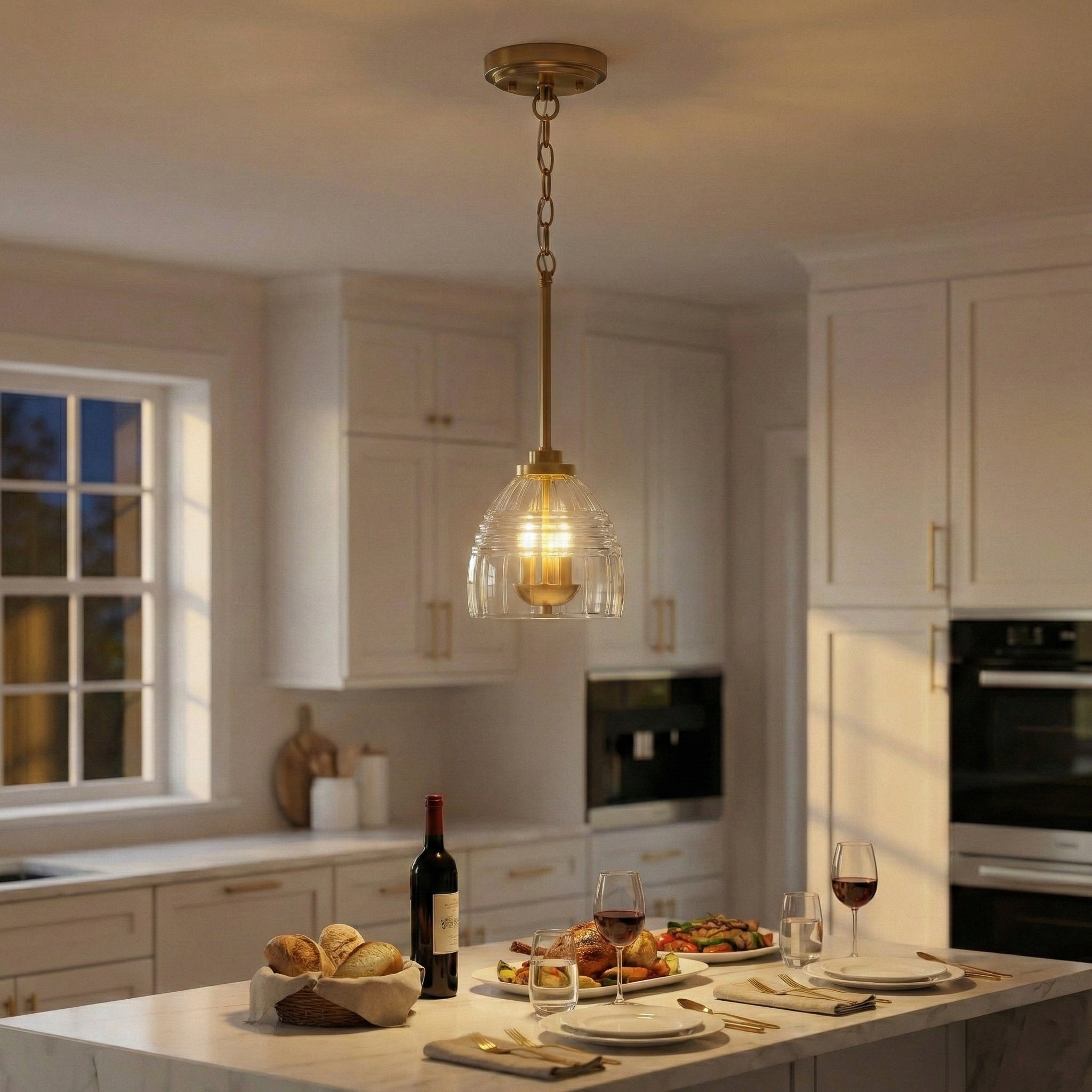 Ember Three Candle Lights Pendant | Satin Brass and Clear Glass