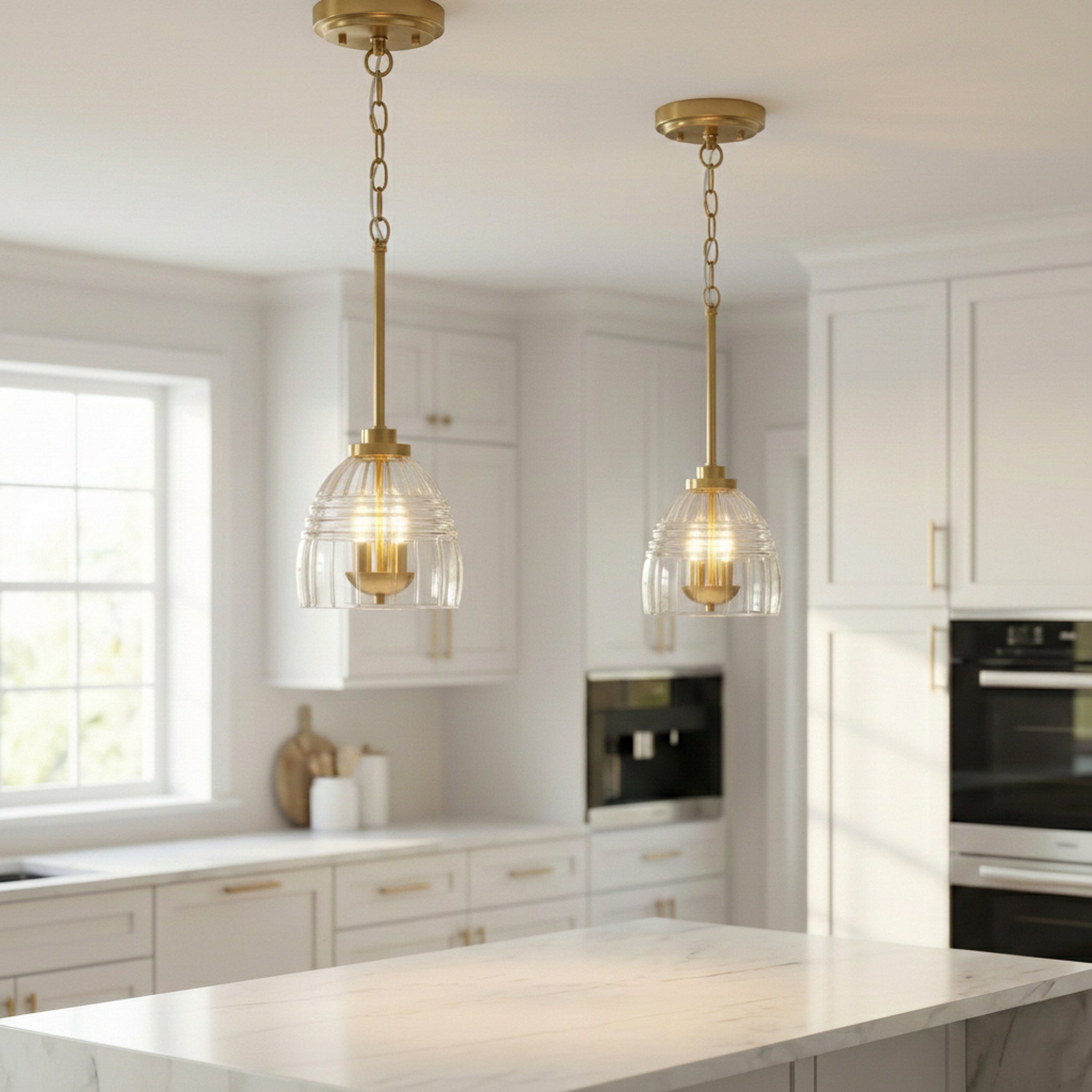 Ember Three Candle Lights Pendant | Satin Brass and Clear Glass