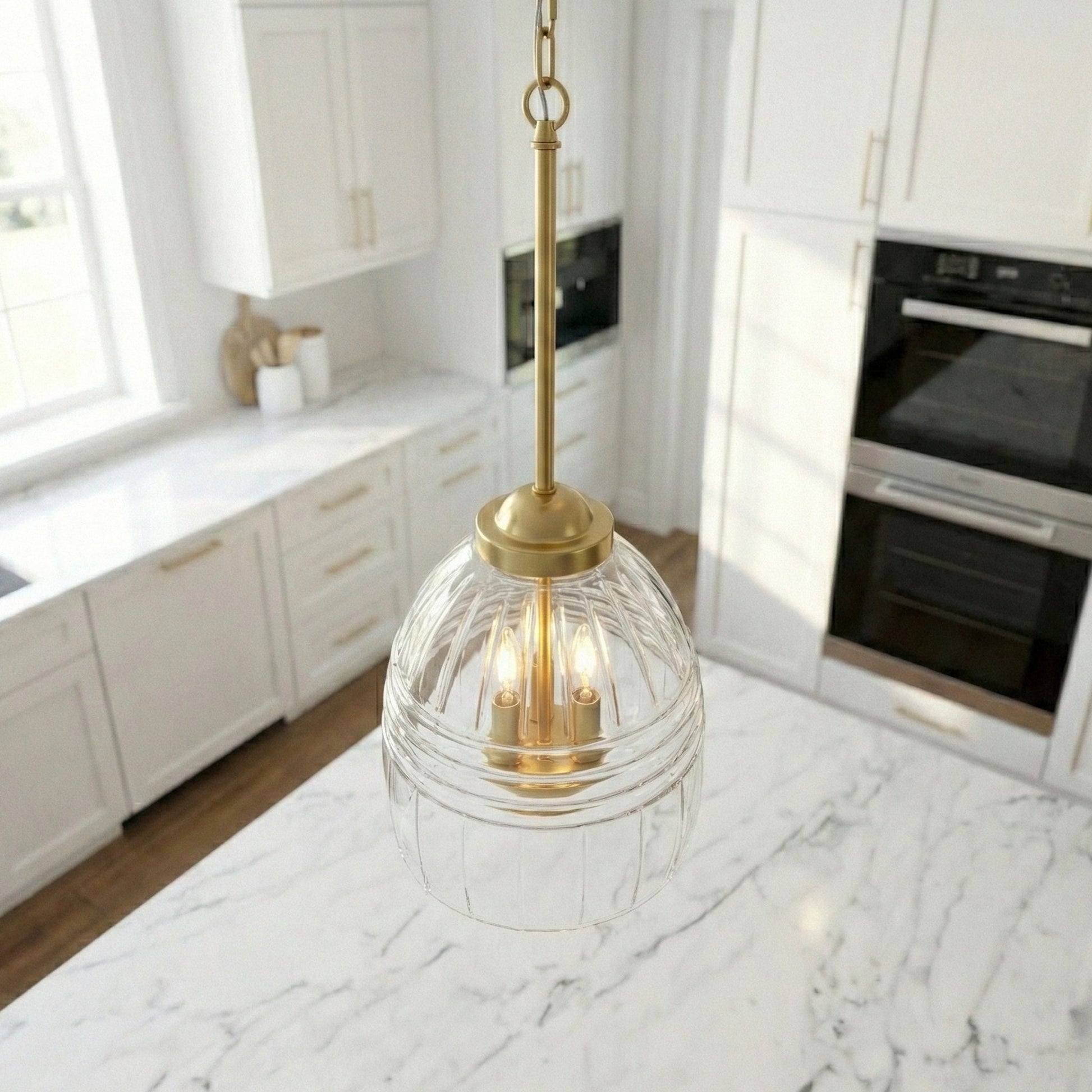 Ember Three Candle Lights Pendant | Satin Brass and Clear Glass