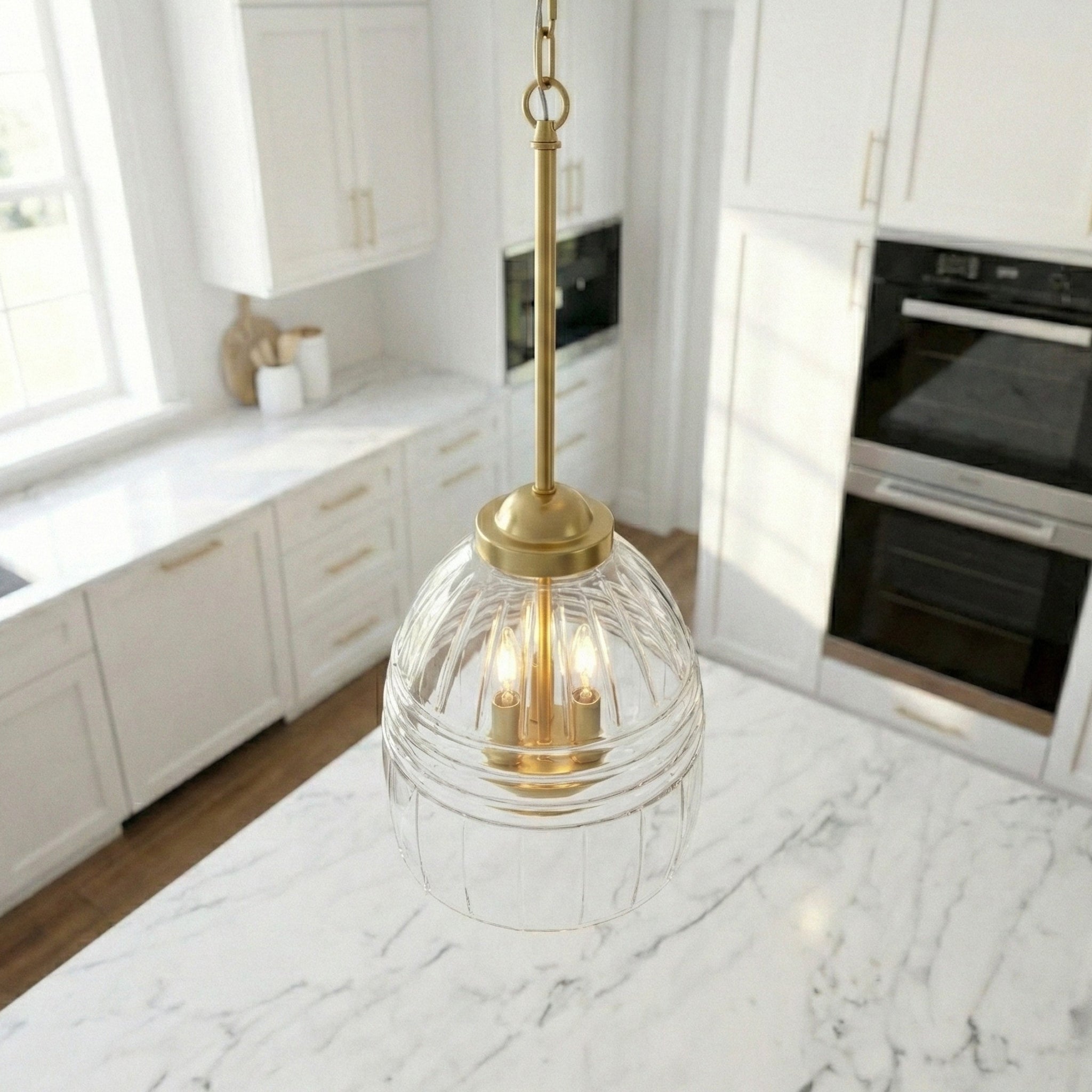 Ember Three Candle Lights Pendant | Satin Brass and Clear Glass
