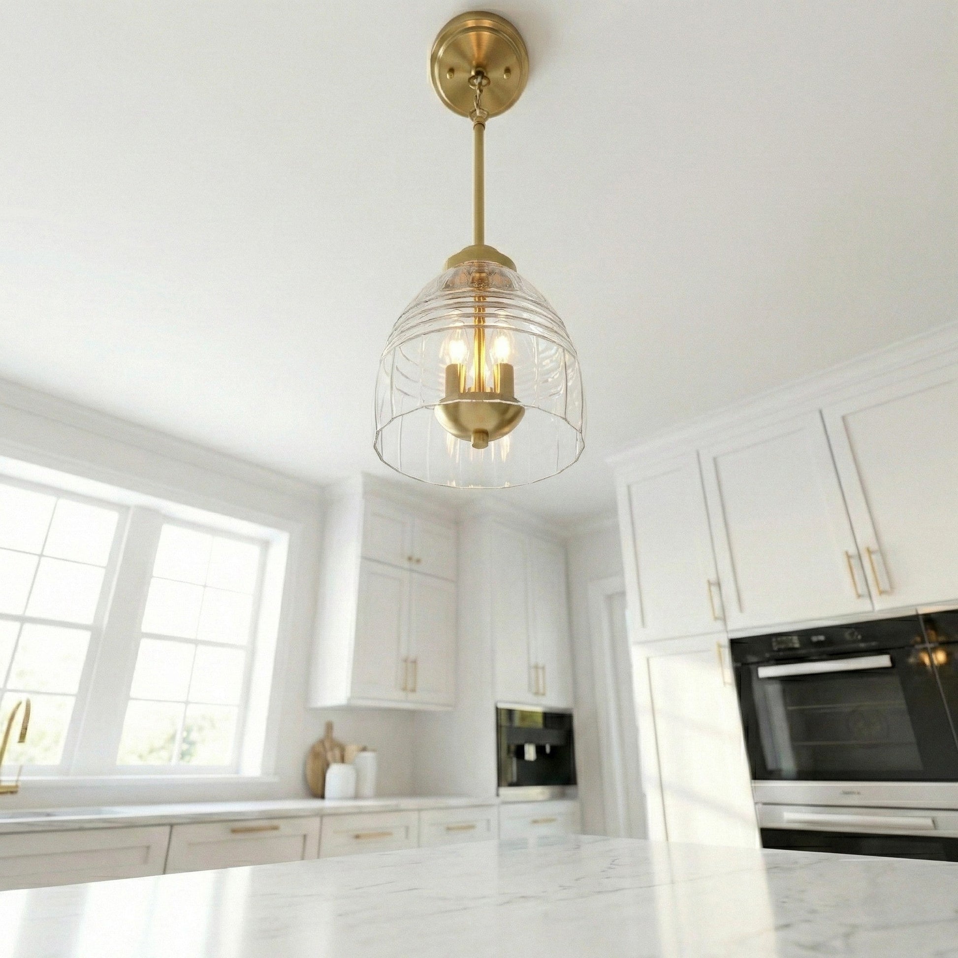 Ember Three Candle Lights Pendant | Satin Brass and Clear Glass