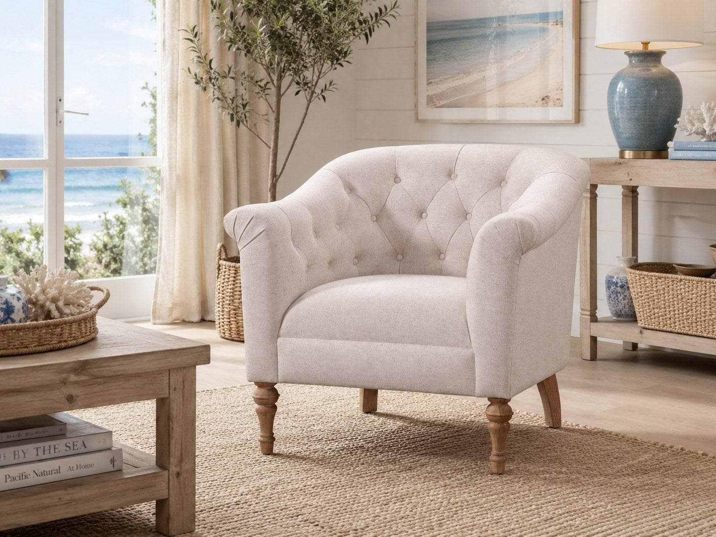 Emmy Chair in Hardy Sand lifestyle image - Sand Coastal California