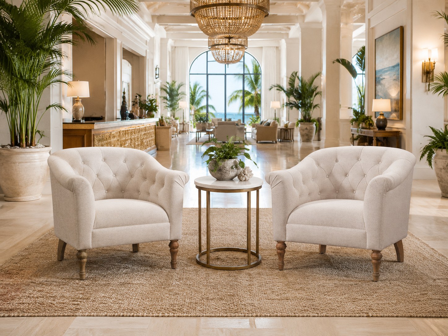 Emmy Chair in Hardy Sand lifestyle image - Hotel Transitional Coastal