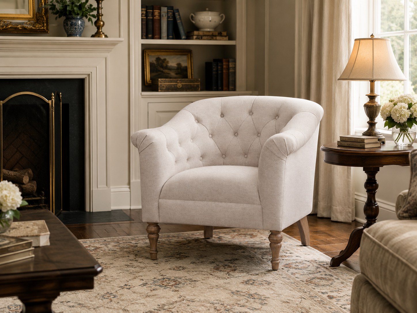 Emmy Chair in Hardy Sand lifestyle image - Sand Traditional Transitional