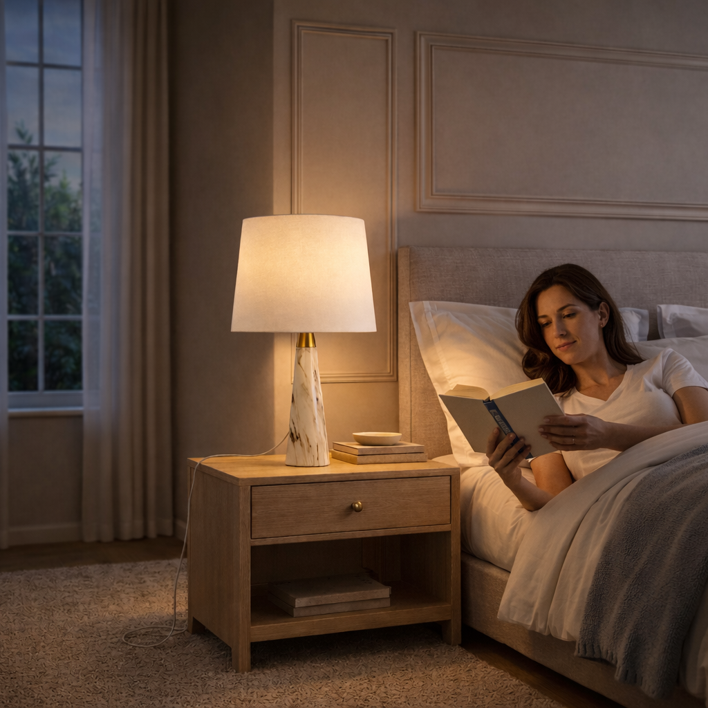 Enclave Hydro Black Table Lamp | Faux Marble Base and Fabric Shade