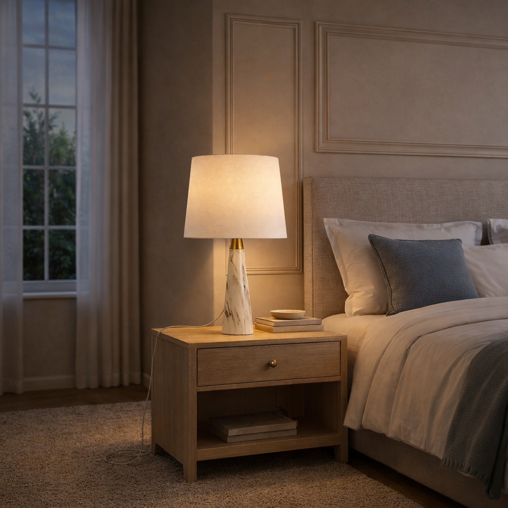 Enclave Hydro Black Table Lamp | Faux Marble Base and Fabric Shade