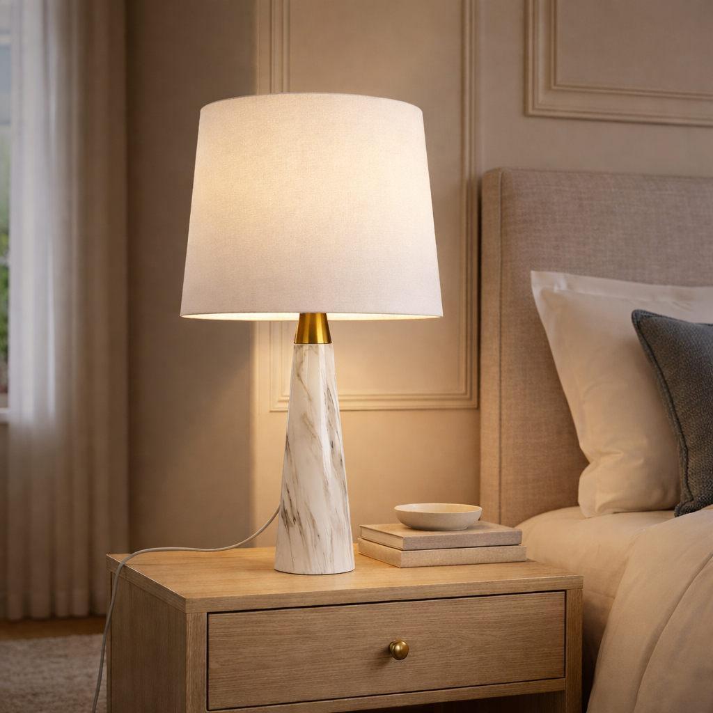 Enclave Hydro Black Table Lamp | Faux Marble Base and Fabric Shade