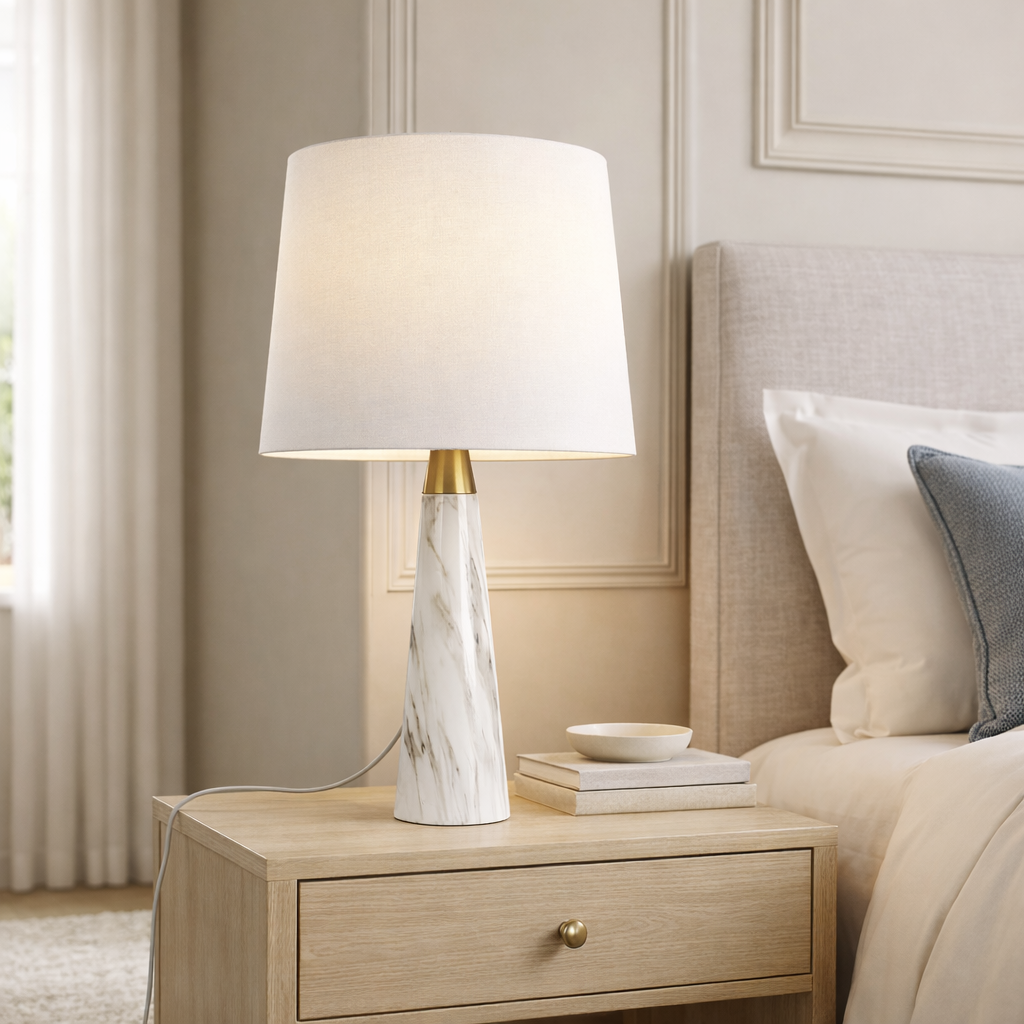 Enclave Hydro Black Table Lamp | Faux Marble Base and Fabric Shade