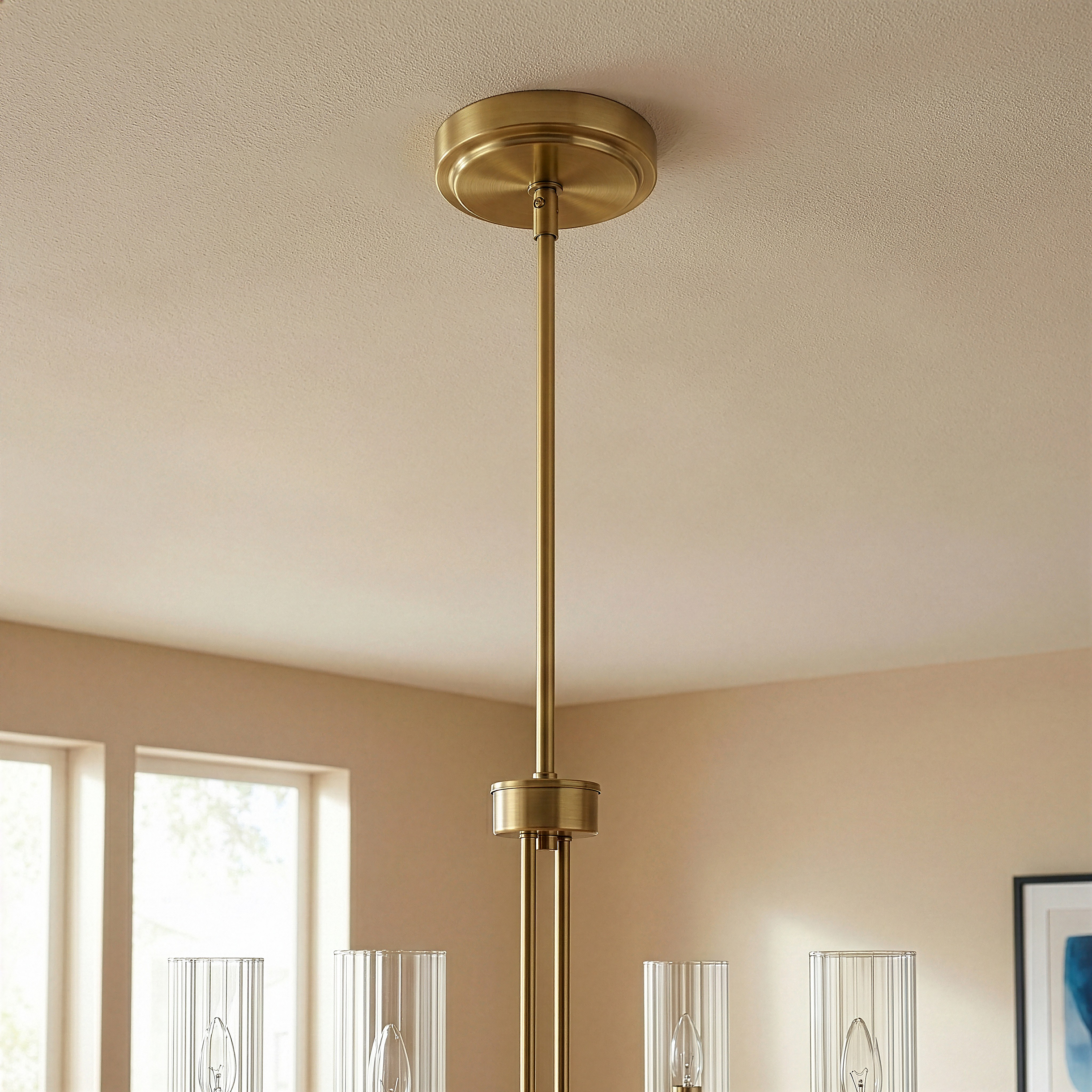 Enigma Four Lights Chandelier | Satin Brass and Clear Ribbed Glass