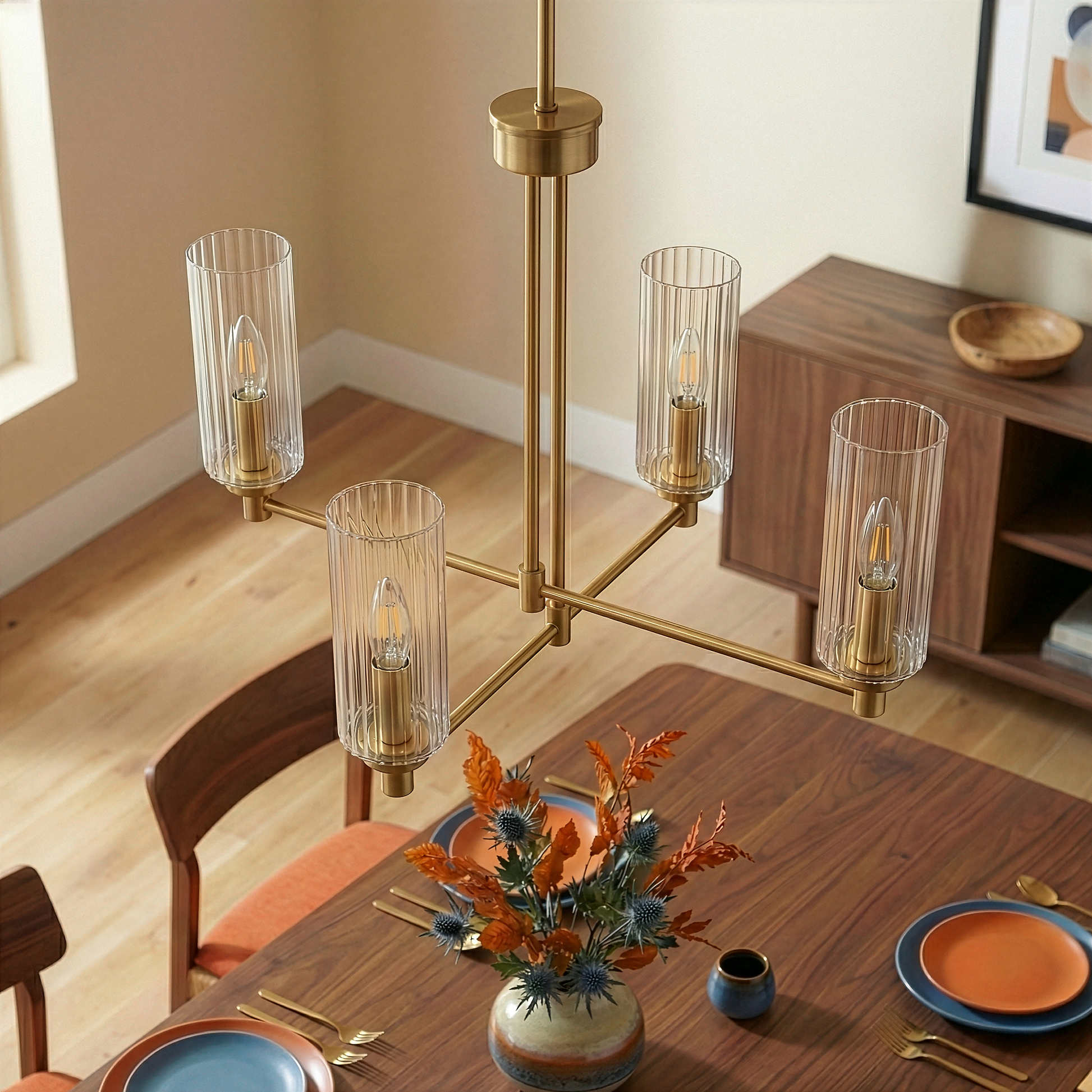 Enigma Four Lights Chandelier | Satin Brass and Clear Ribbed Glass