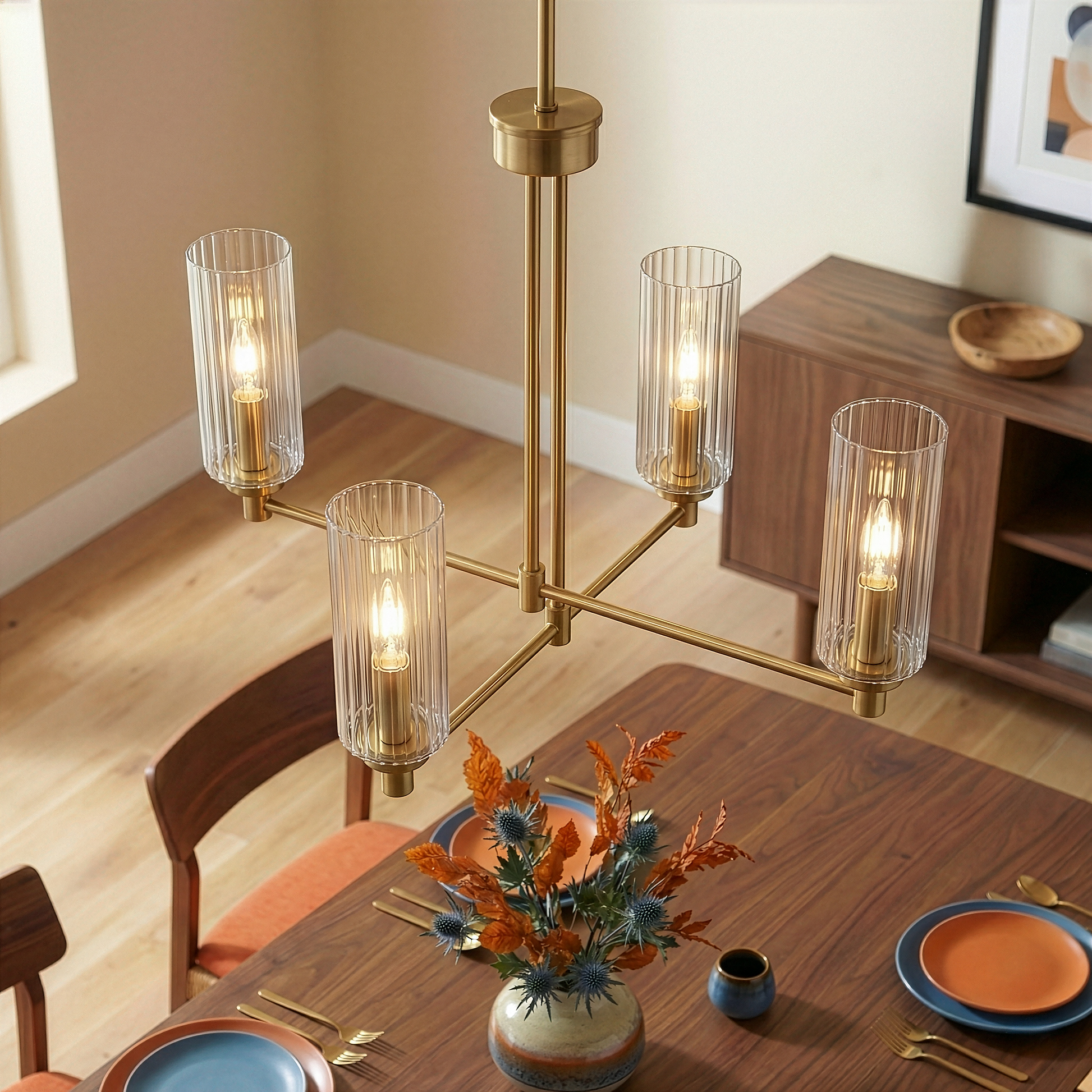 Enigma Four Lights Chandelier | Satin Brass and Clear Ribbed Glass