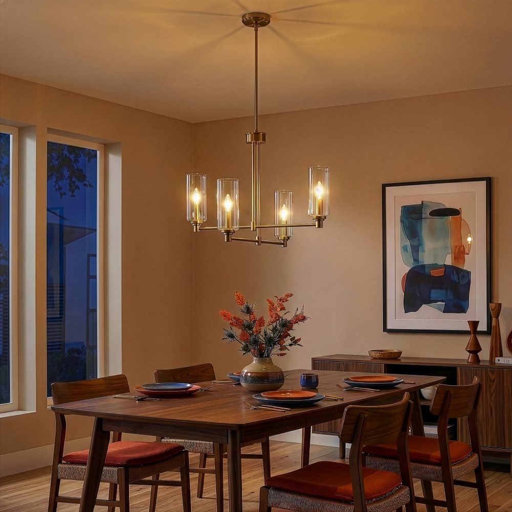 Enigma Four Lights Chandelier | Satin Brass and Clear Ribbed Glass