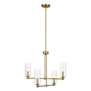 Enigma Four Lights Chandelier | Satin Brass and Clear Ribbed Glass
