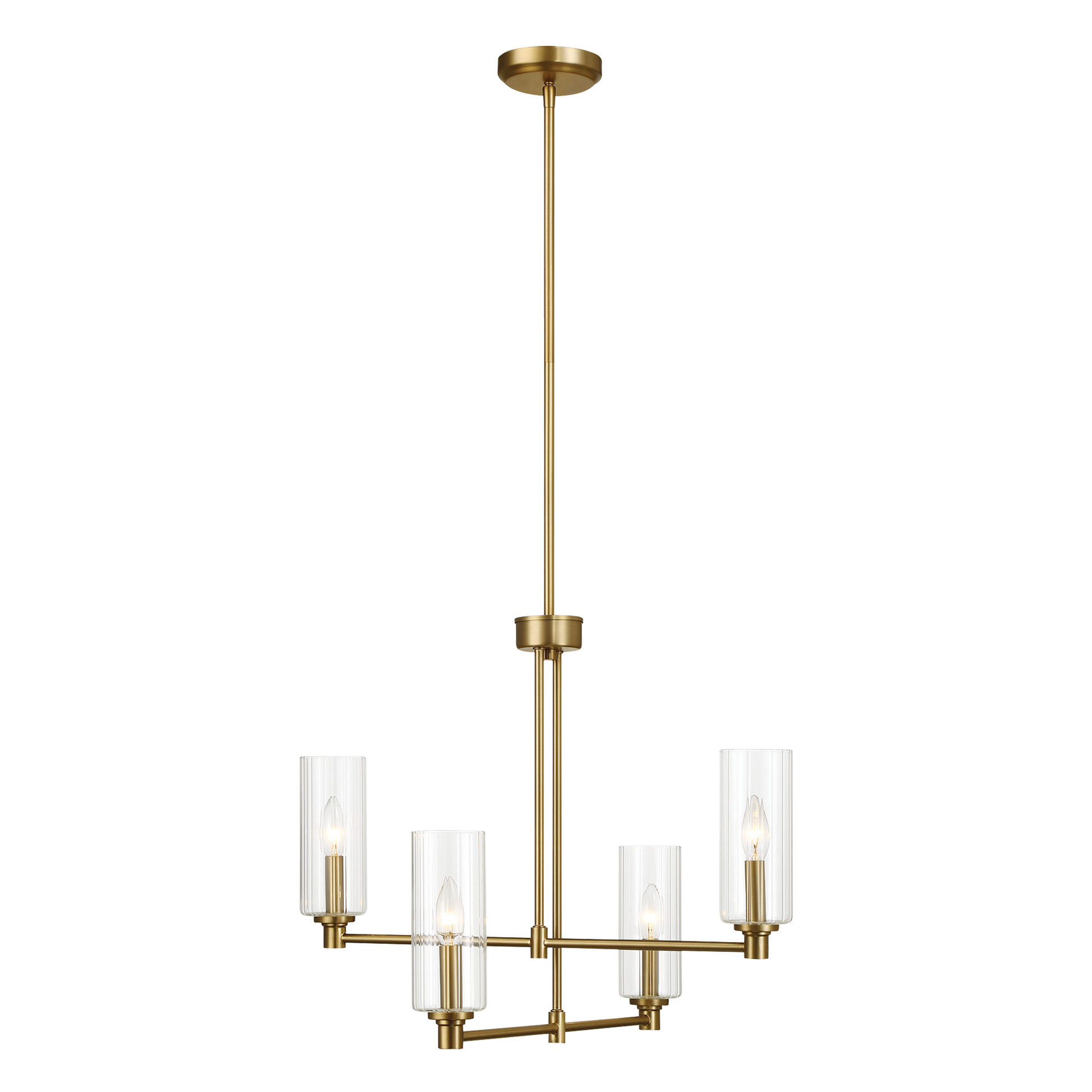 Enigma Four Lights Chandelier | Satin Brass and Clear Ribbed Glass