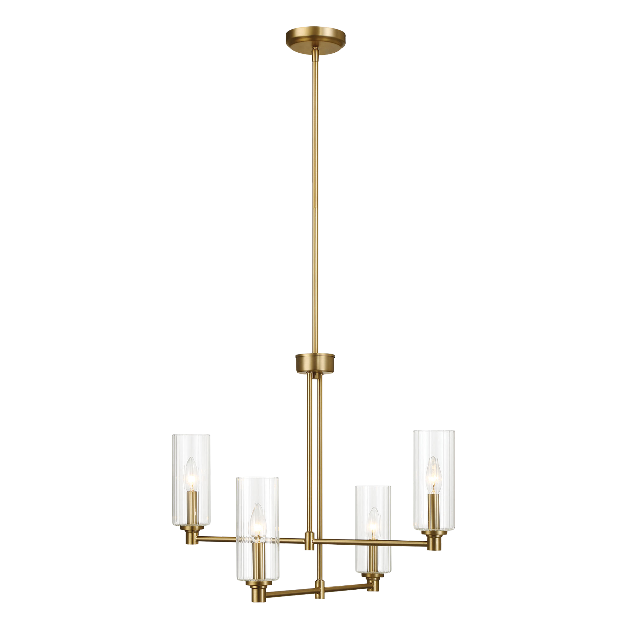 Enigma Four Lights Chandelier | Satin Brass and Clear Ribbed Glass