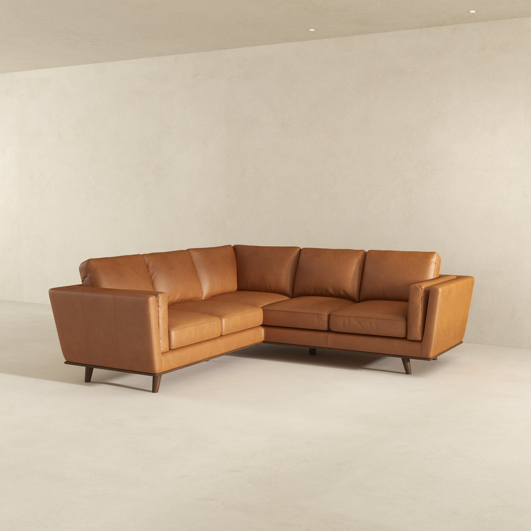 Erman Mid-Century Modern Genuine Tan Leather Corner Sectional Sofa