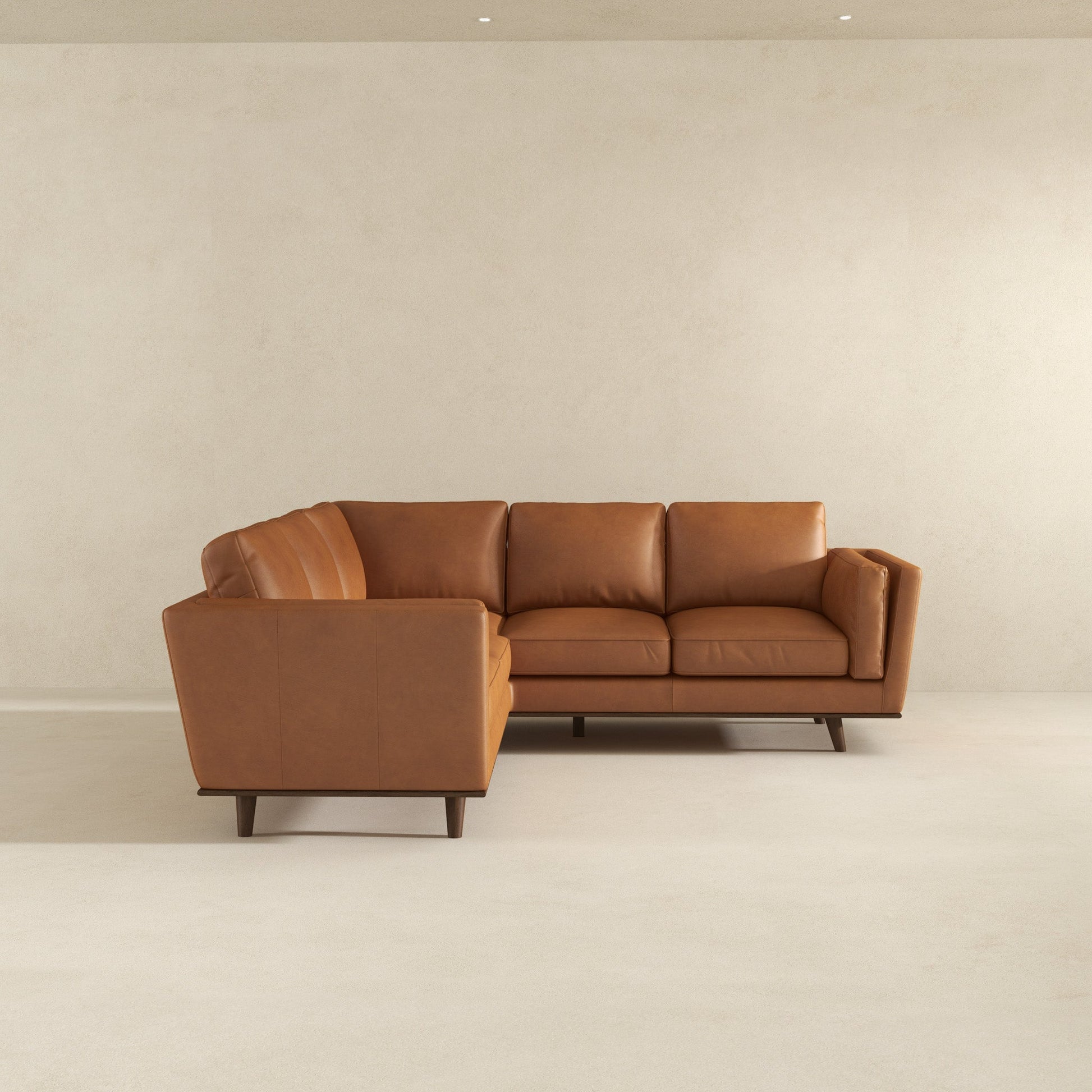 Erman Mid-Century Modern Genuine Tan Leather Corner Sectional Sofa