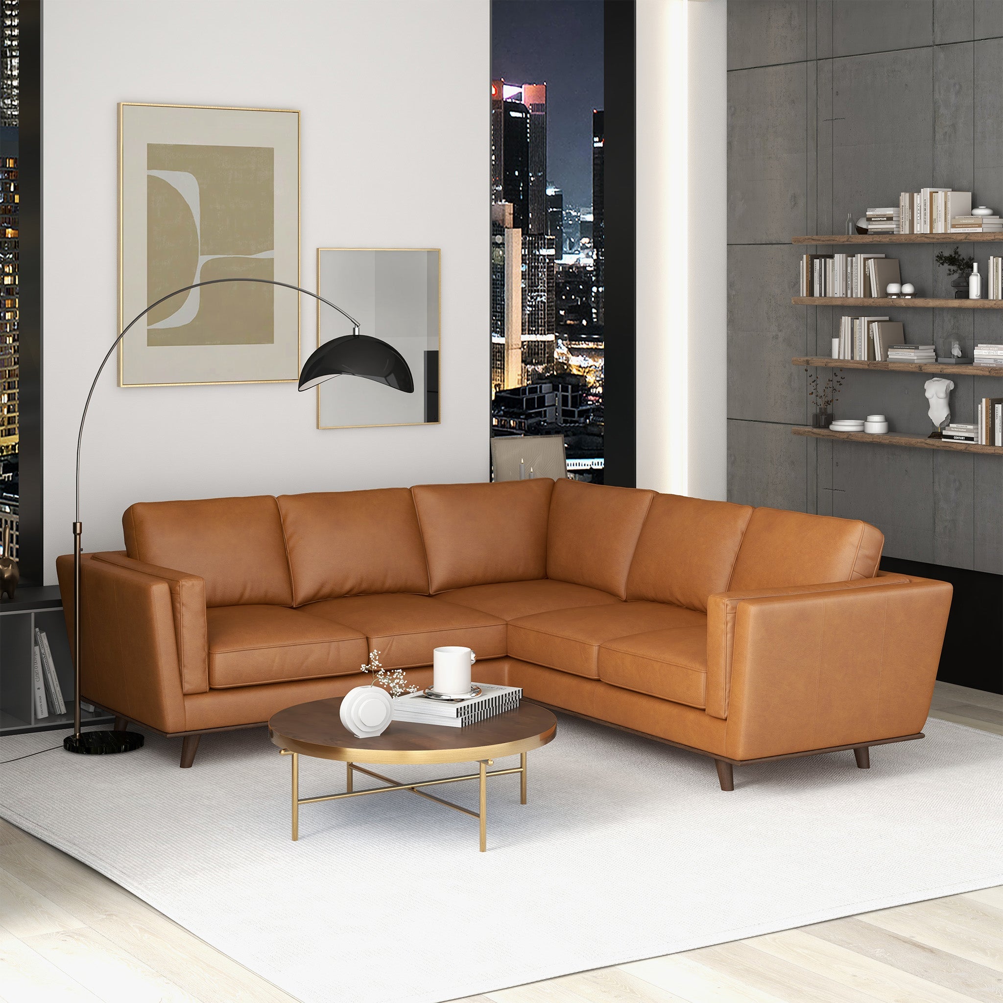 Erman Mid-Century Modern Genuine Tan Leather Corner Sectional Sofa