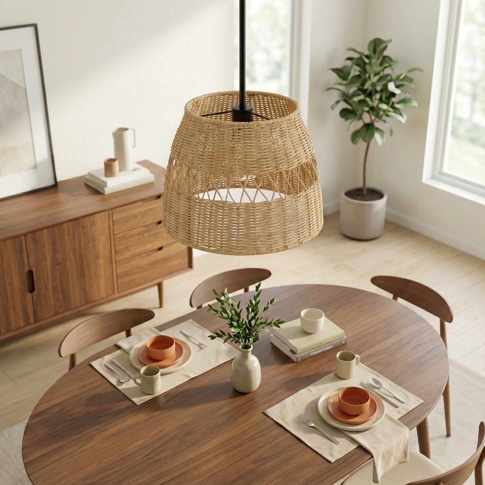 Essence Single Light Pendant | Rattan Shade and Black Metal