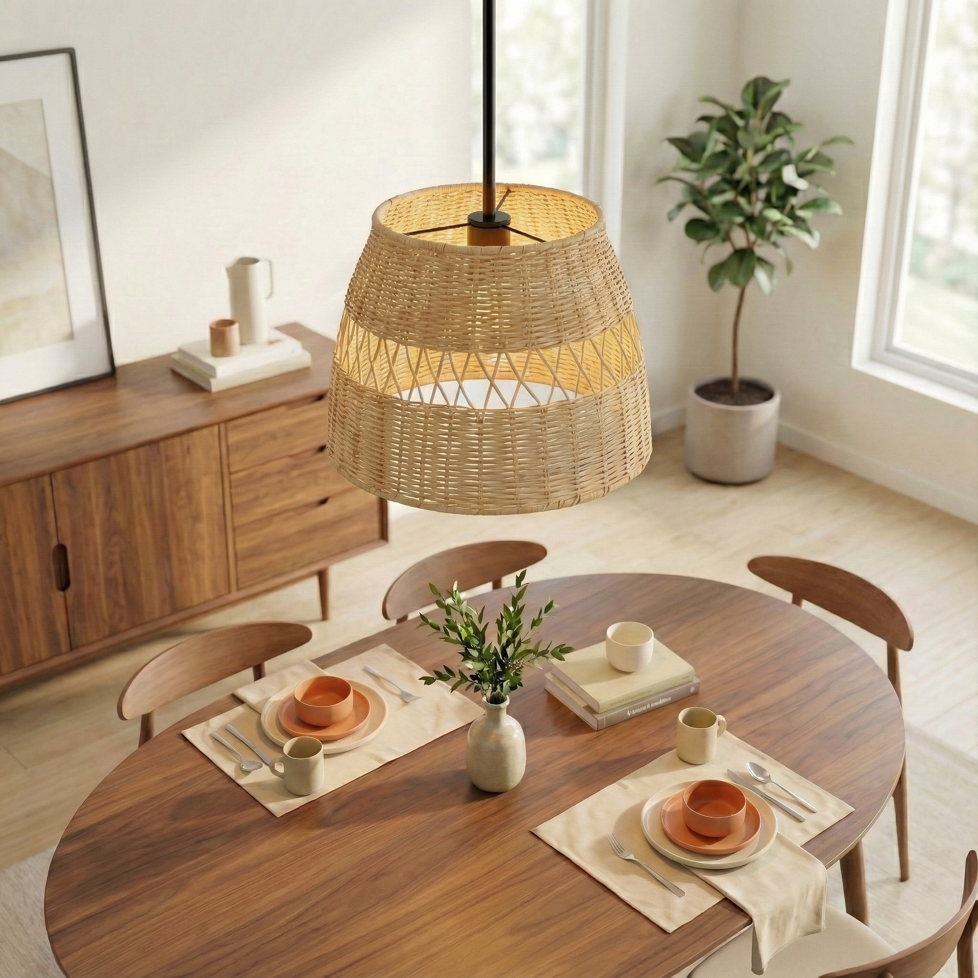 Essence Single Light Pendant | Rattan Shade and Black Metal