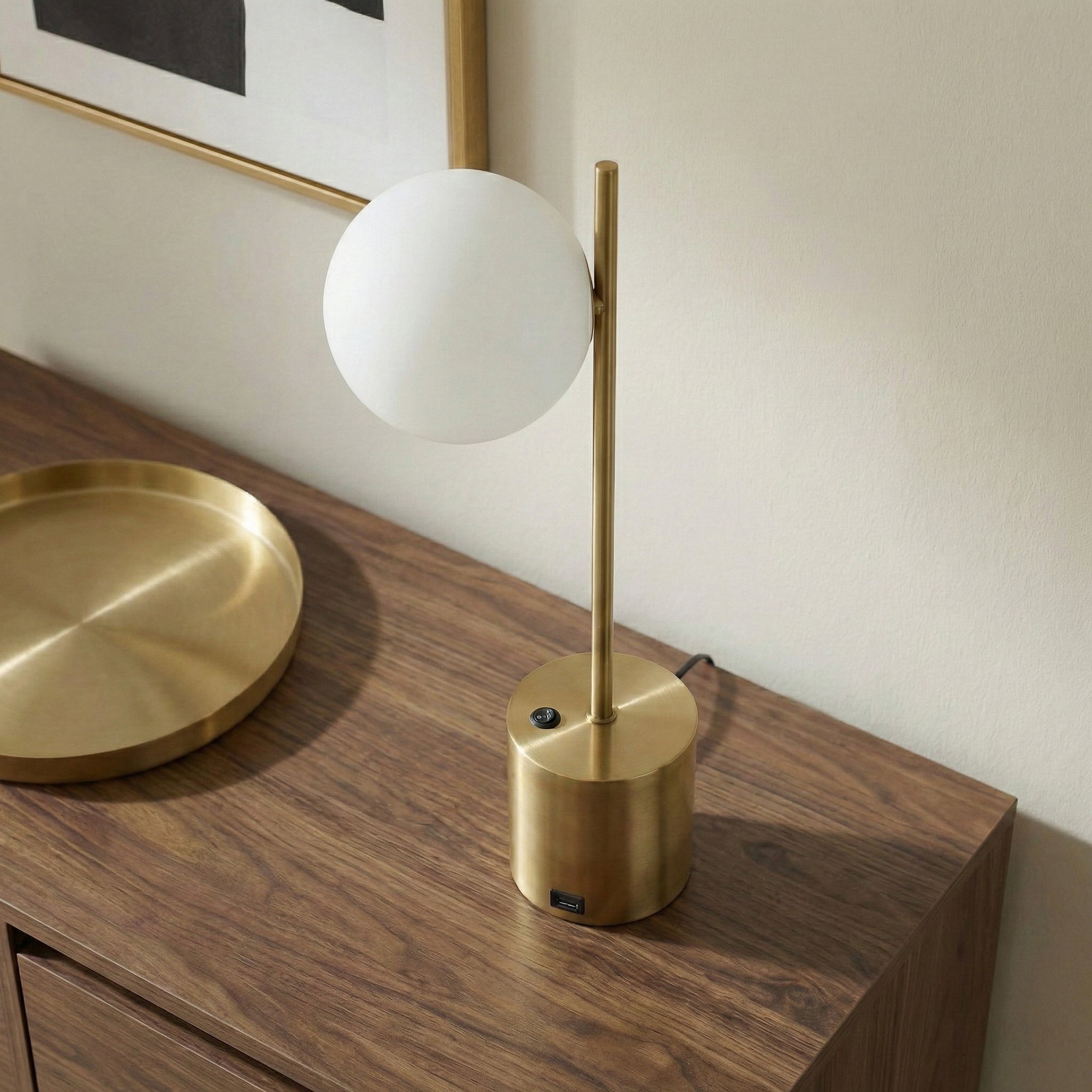 Ethereal Modern Brass Globe Table Lamp | White Glass Orb and Brushed Gold Base