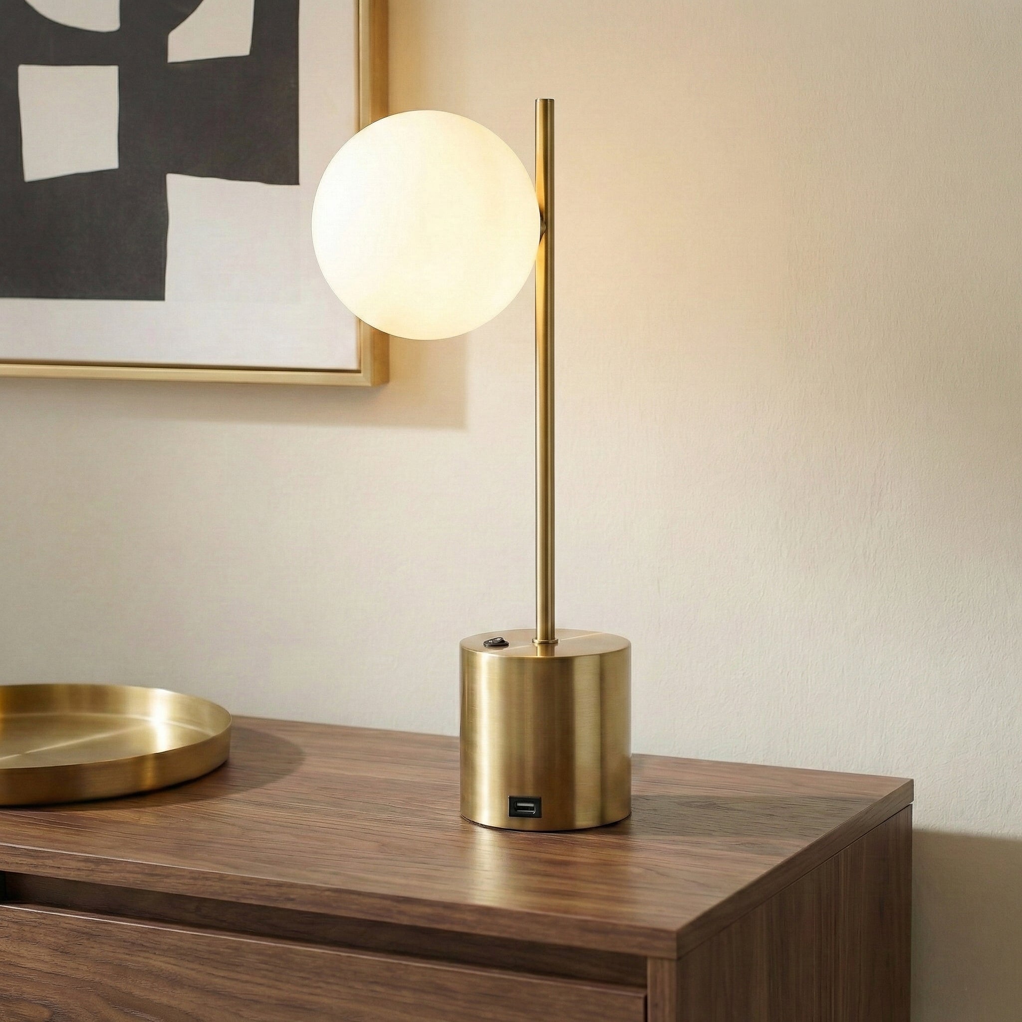 Ethereal Modern Brass Globe Table Lamp | White Glass Orb and Brushed Gold Base