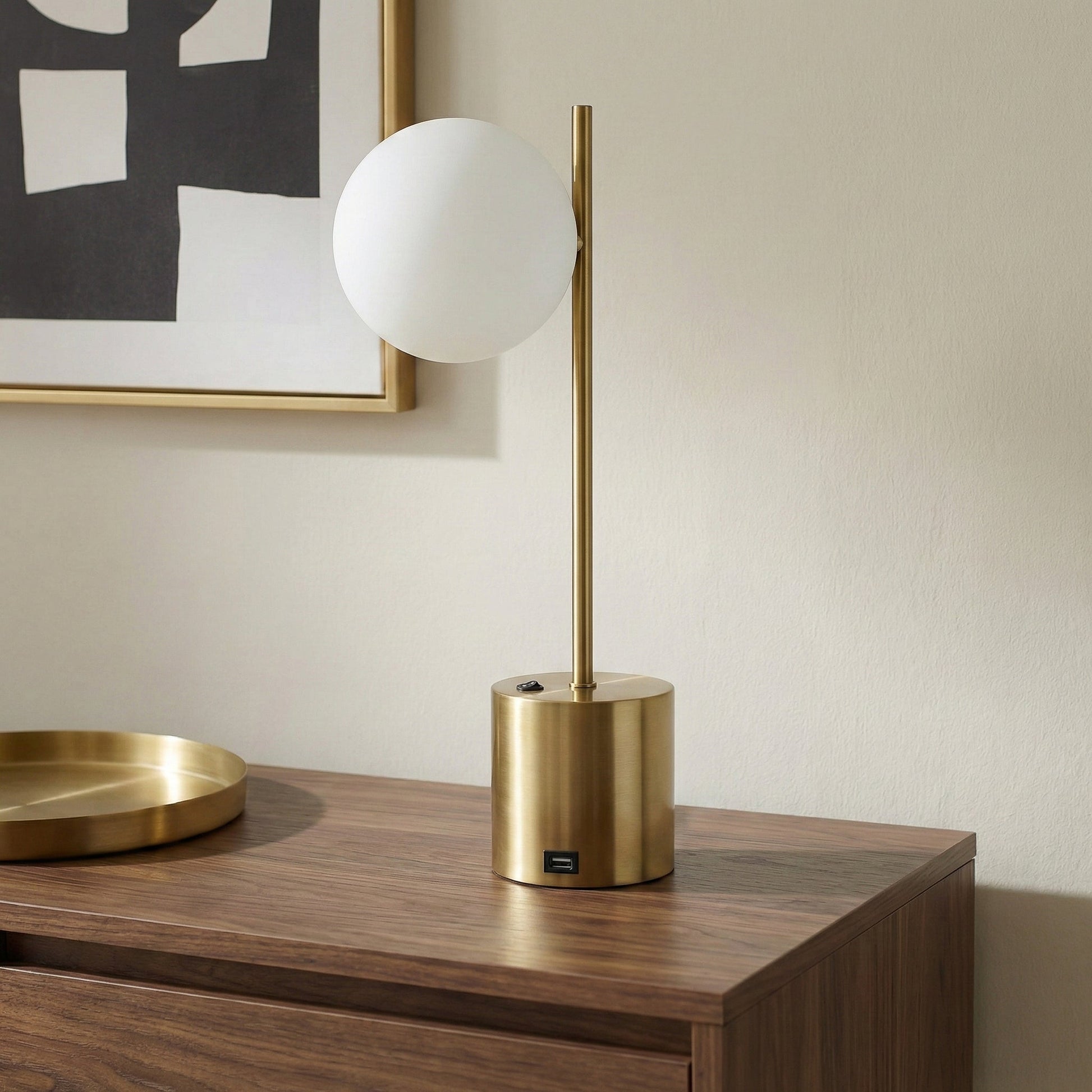 Ethereal Modern Brass Globe Table Lamp | White Glass Orb and Brushed Gold Base