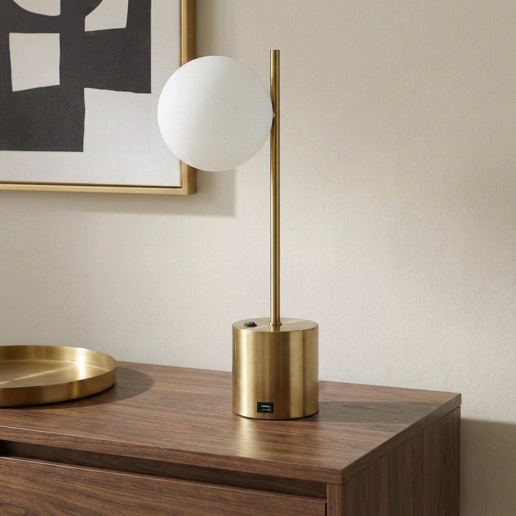 Ethereal Modern Brass Globe Table Lamp | White Glass Orb and Brushed Gold Base