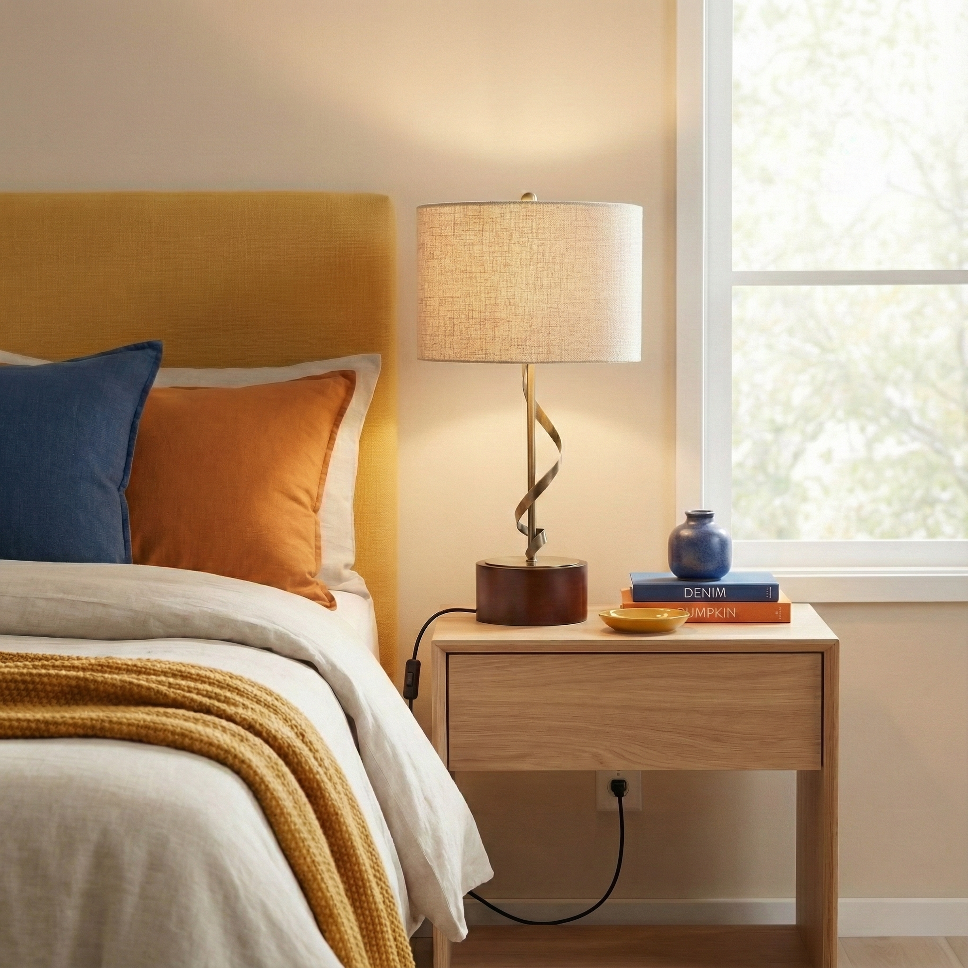 Foundry Table Lamp | Twisted Brass Stem and Wood Base